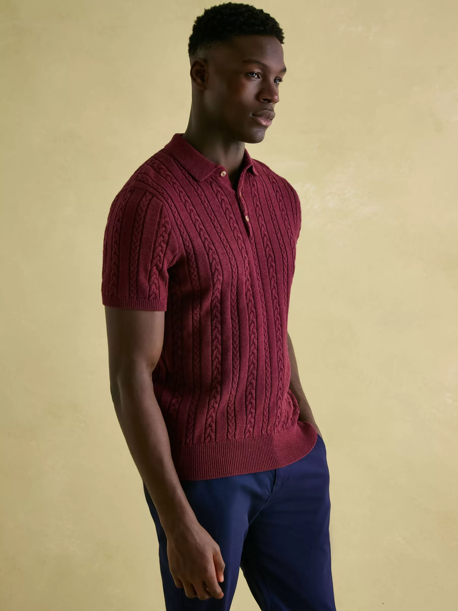 Joules Adlington Cable Knitted Polo Shirt Burgundy Online