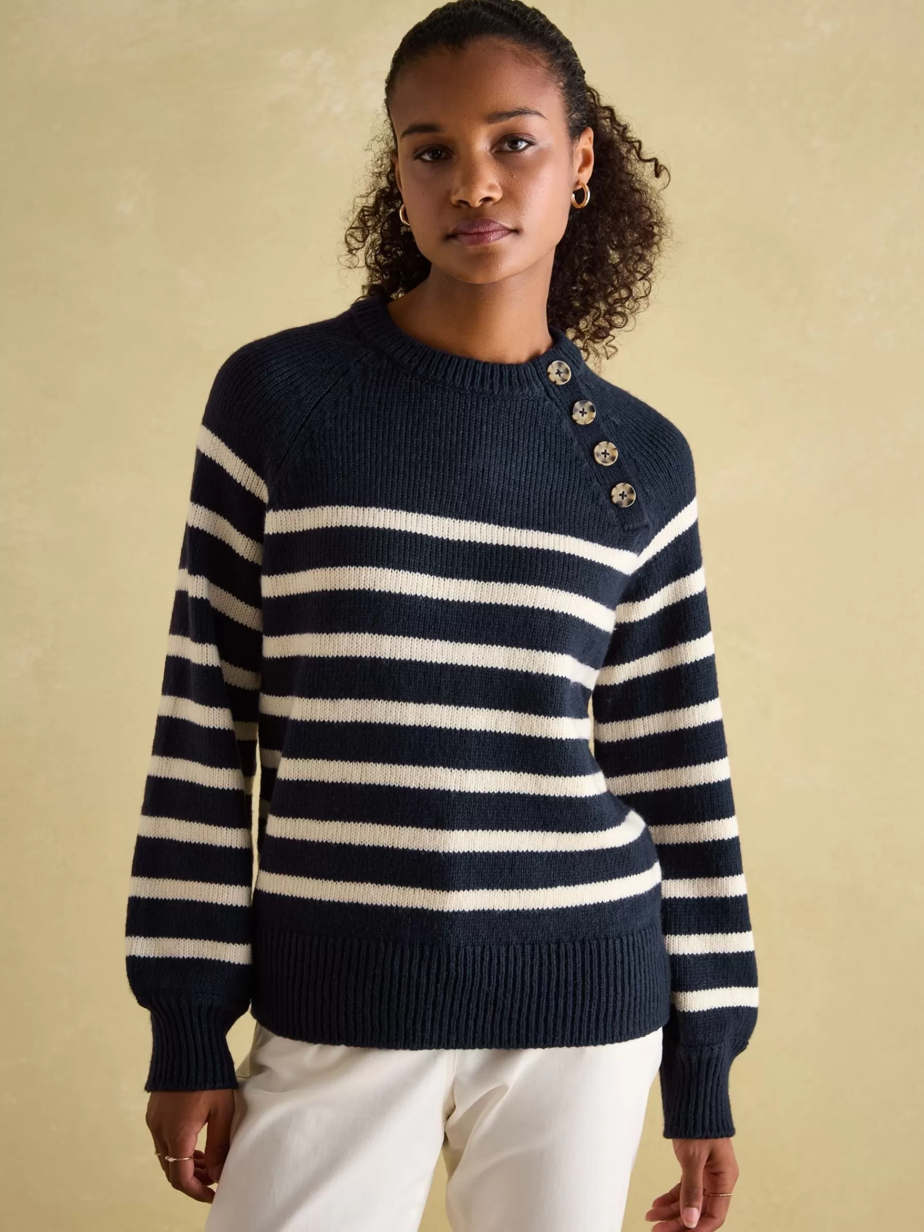 Joules Agnes Striped Button Neck Jumper Navy Outlet