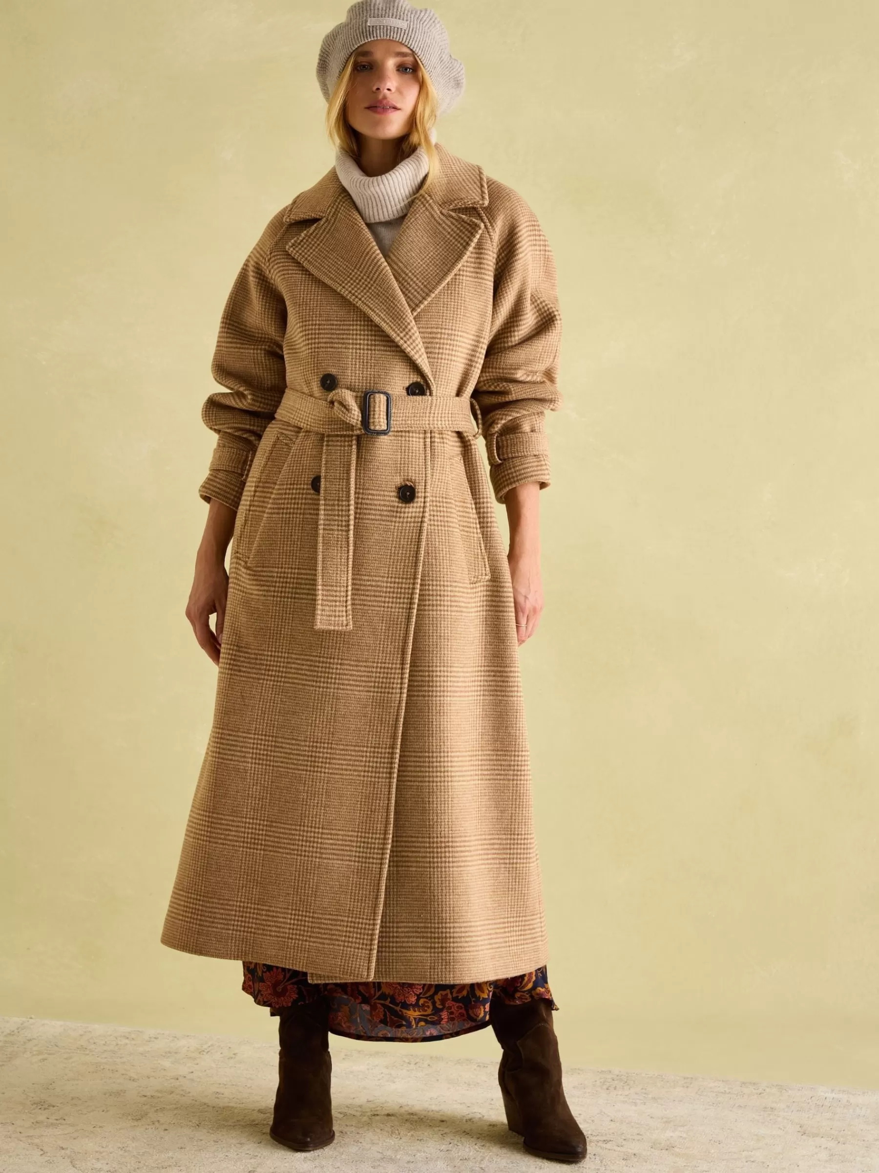 Joules Amberley Tan Brown Longline Wool Blend Coat with Belt TanBrown Outlet