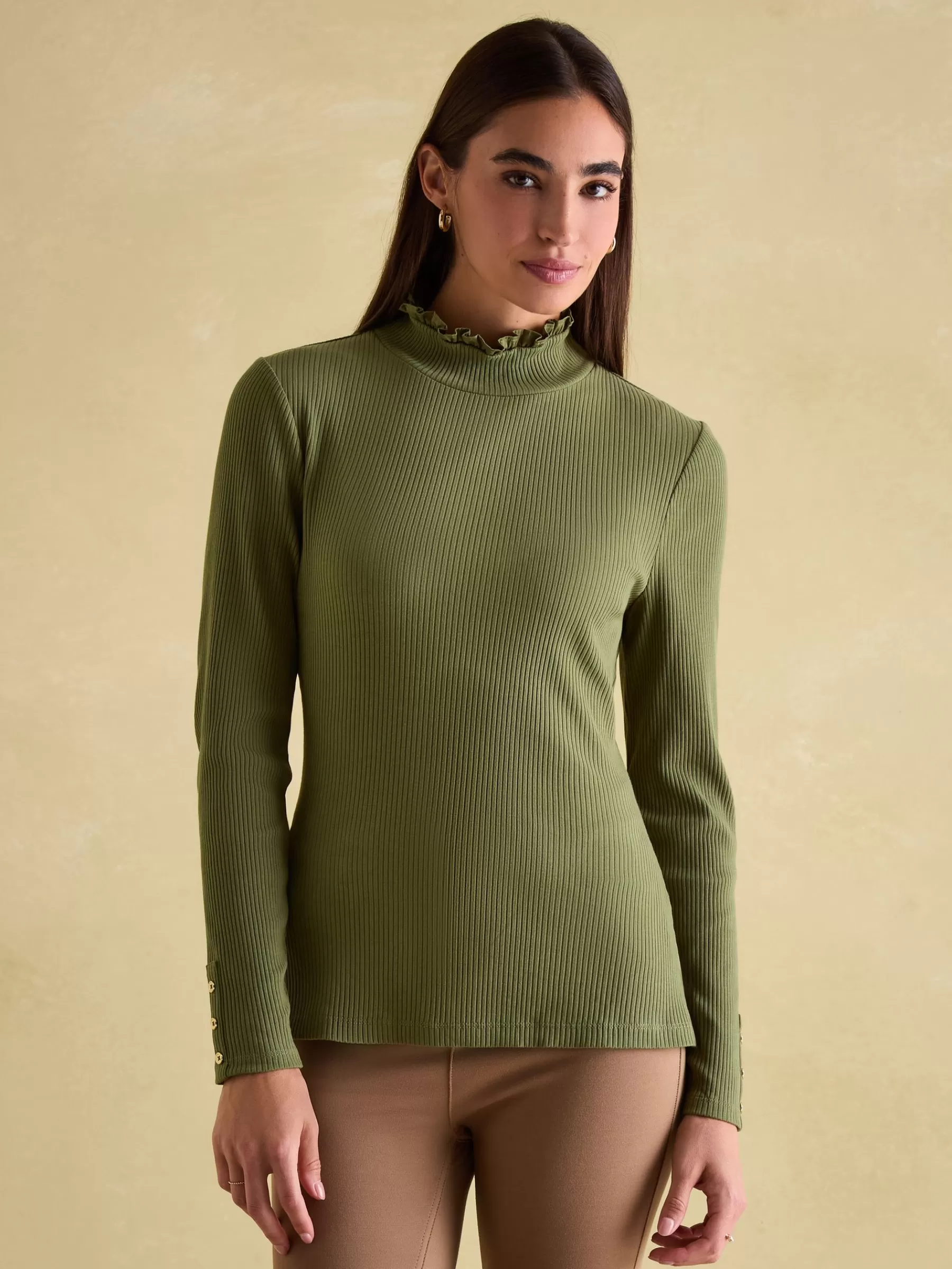 Joules Amy Ribbed Long Sleeve High Neck Jersey Top Green Cheap