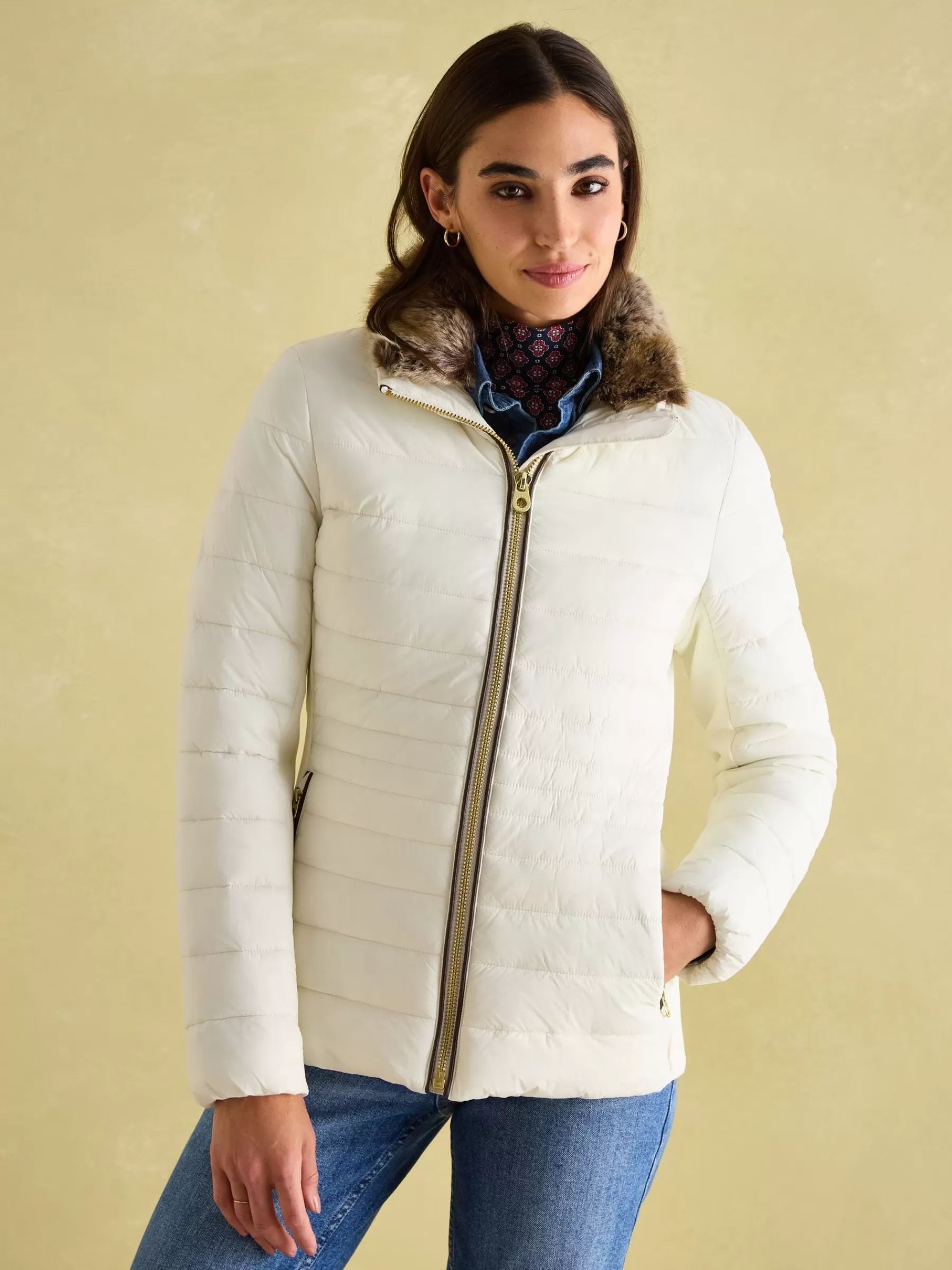 Joules Beckley Padded Showerproof Jacket with Faux Fur Trim White Best Sale