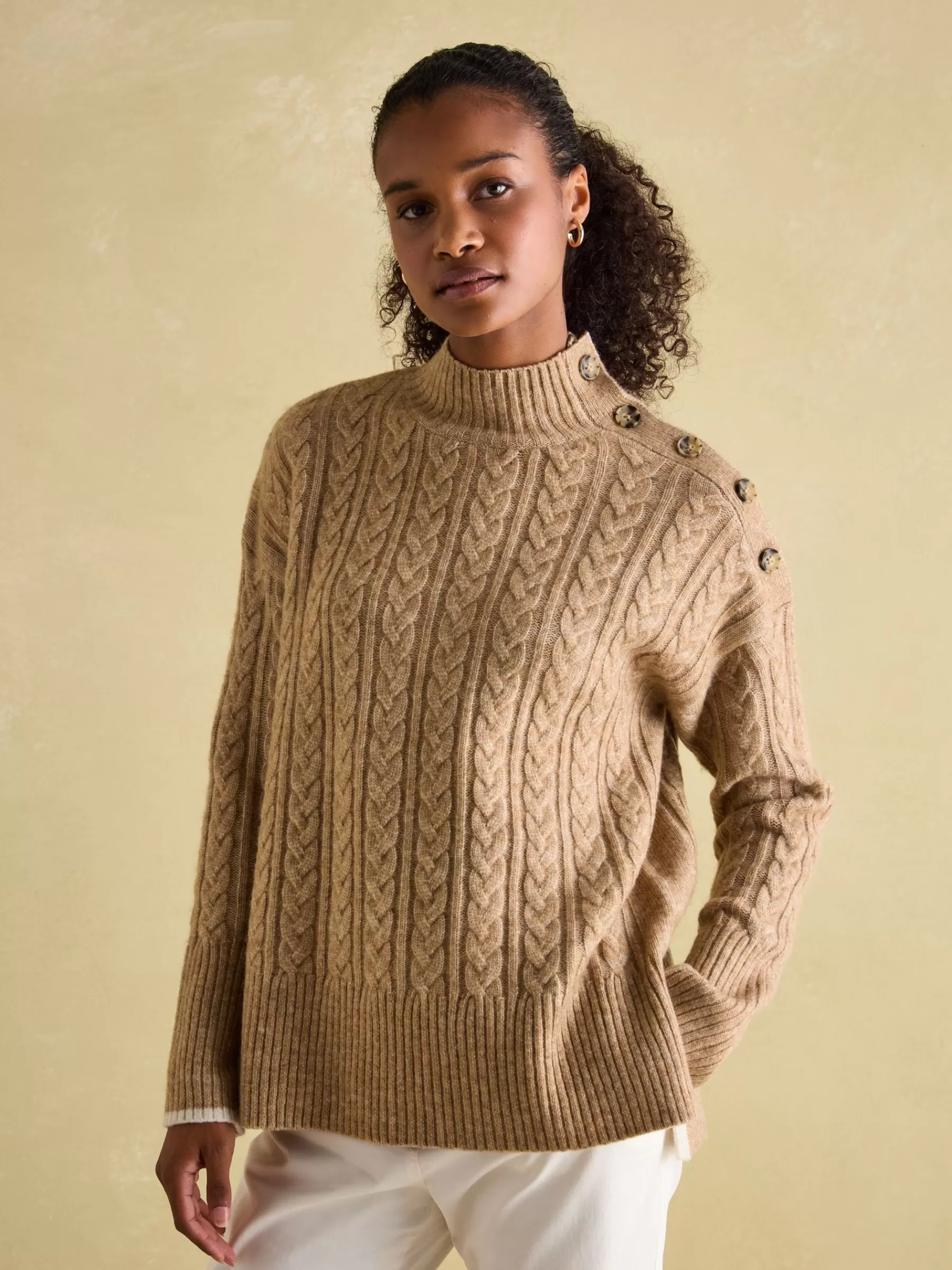 Joules Betsy Button Shoulder Cable Jumper Camel Best