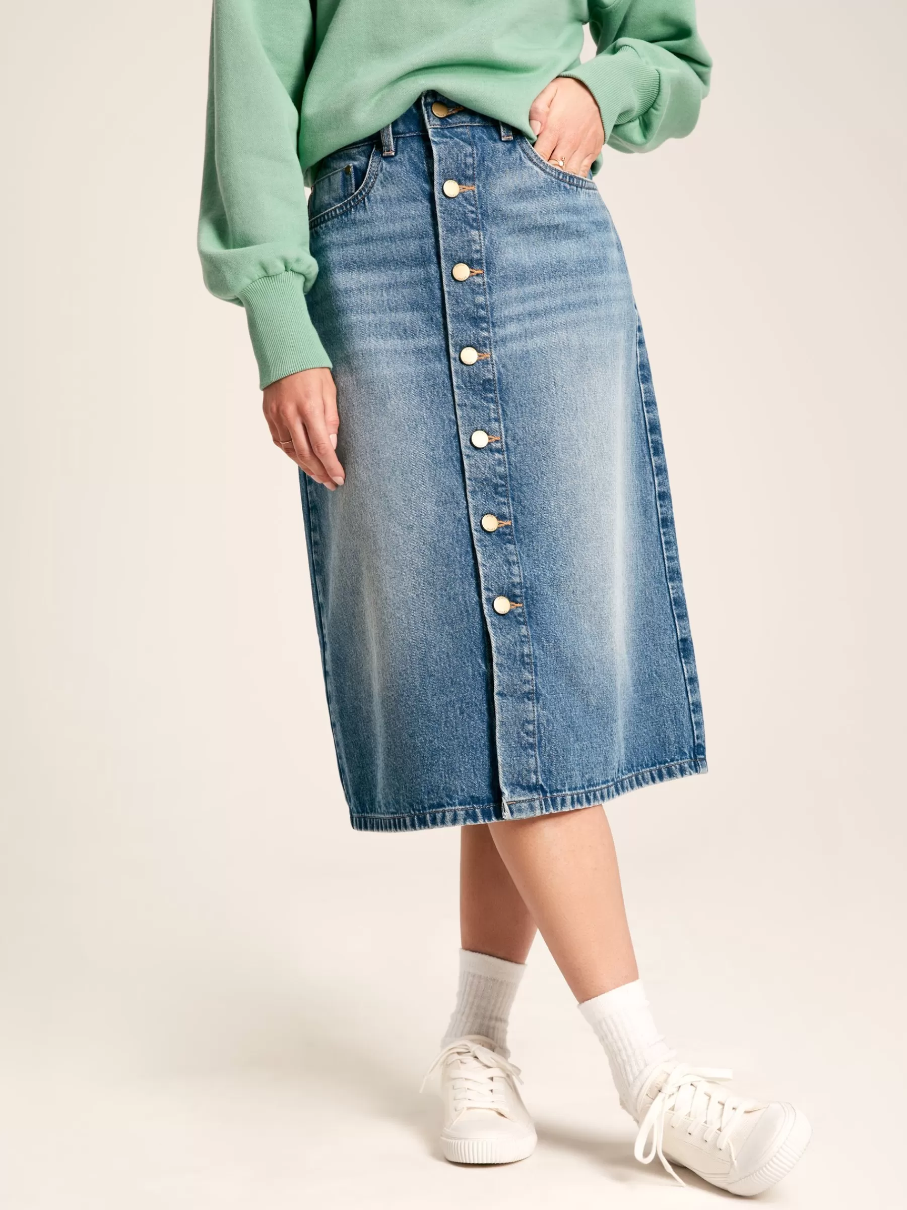 Joules Button Front Denim Midi Skirt Blue New