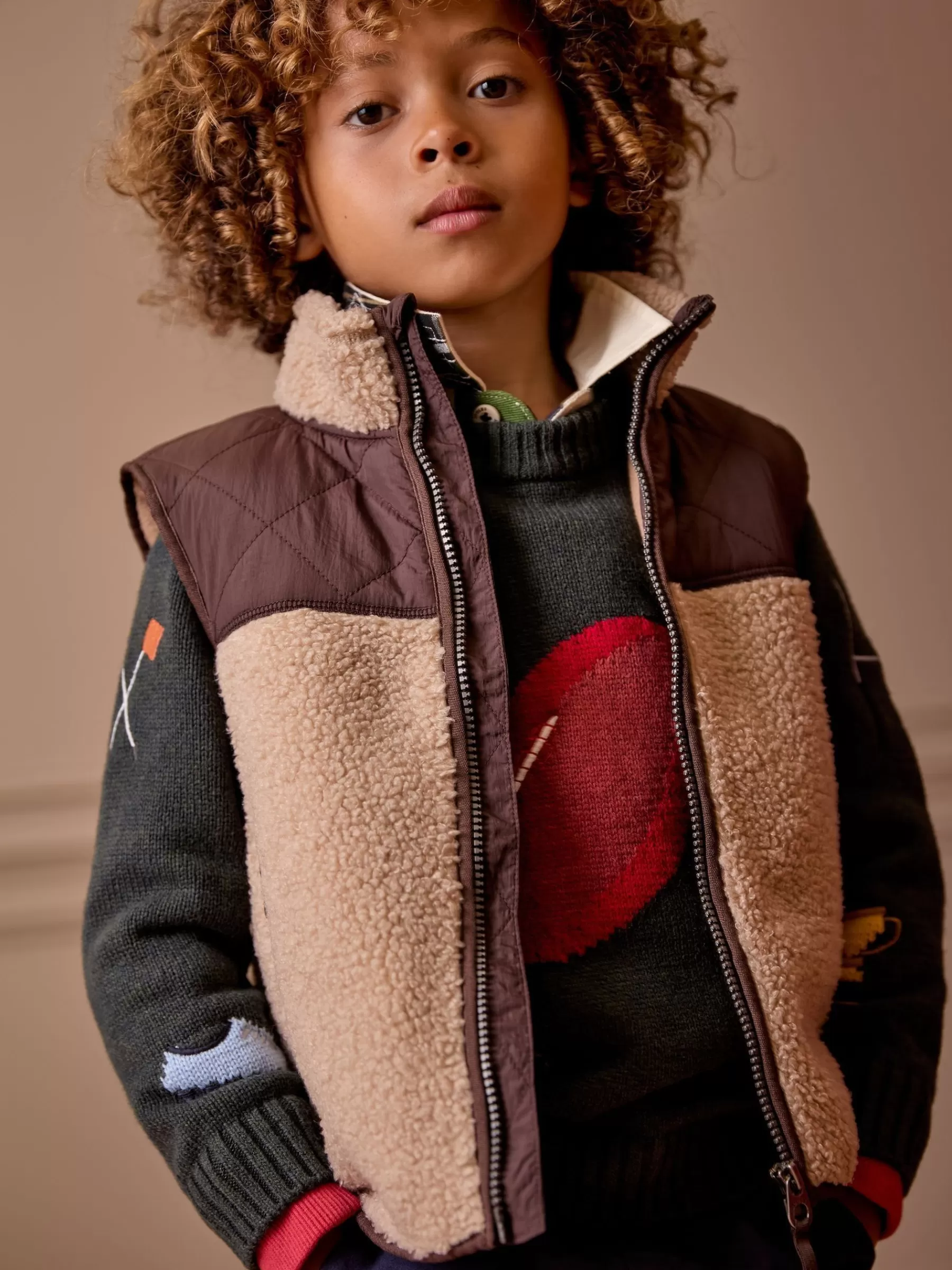 Joules Boys' Eddington Natural & Brown Colourblock Fleece Gilet Natural&Brown Best