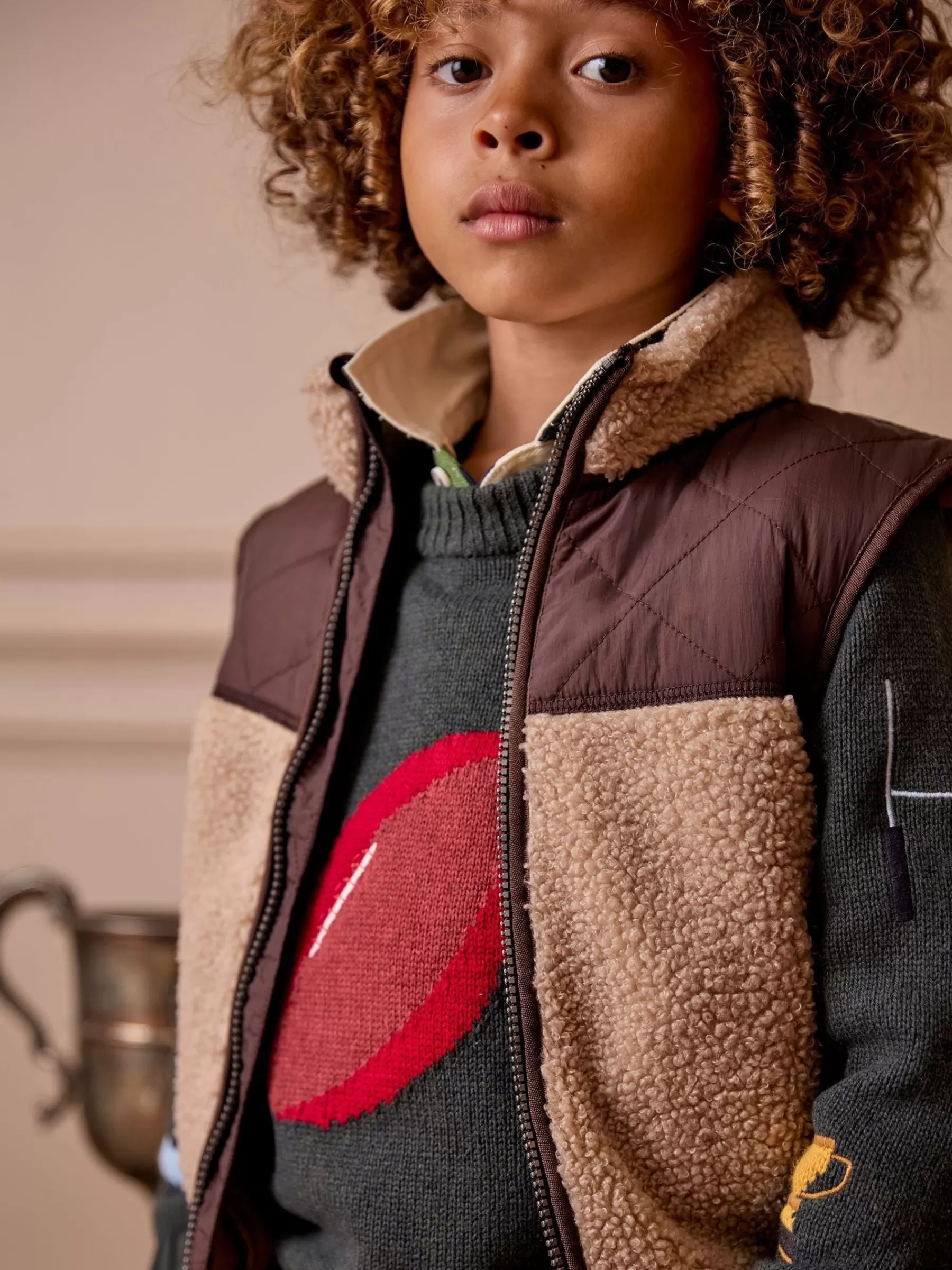 Joules Boys' Eddington Natural & Brown Colourblock Fleece Gilet Natural&Brown Best