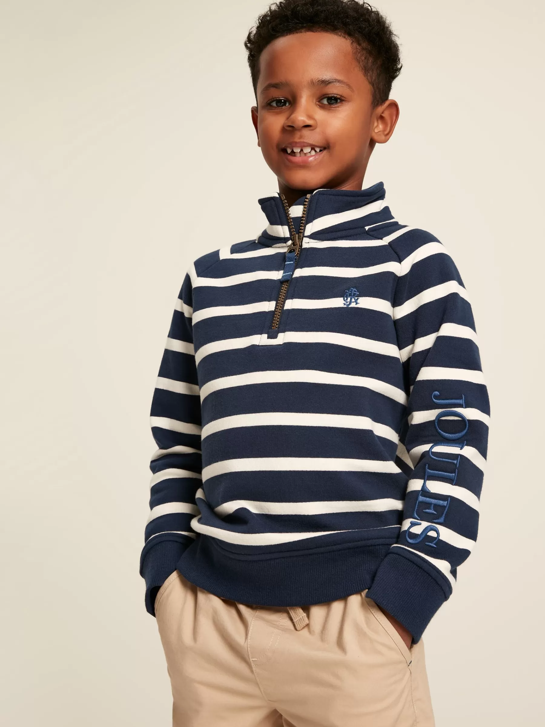 Joules Boys' Finn Navy & White Striped Quarter Zip Sweatshirt Navy&White Hot