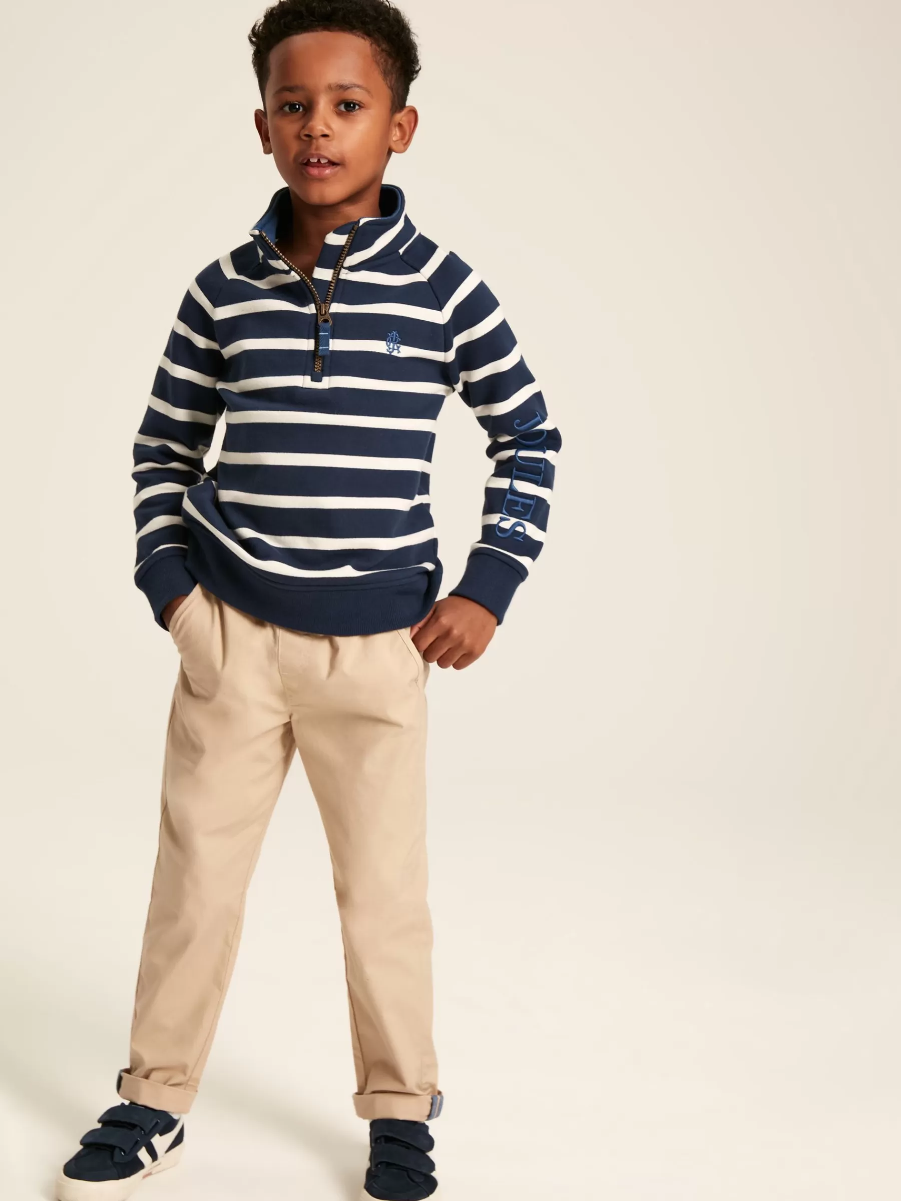 Joules Boys' Finn Navy & White Striped Quarter Zip Sweatshirt Navy&White Hot