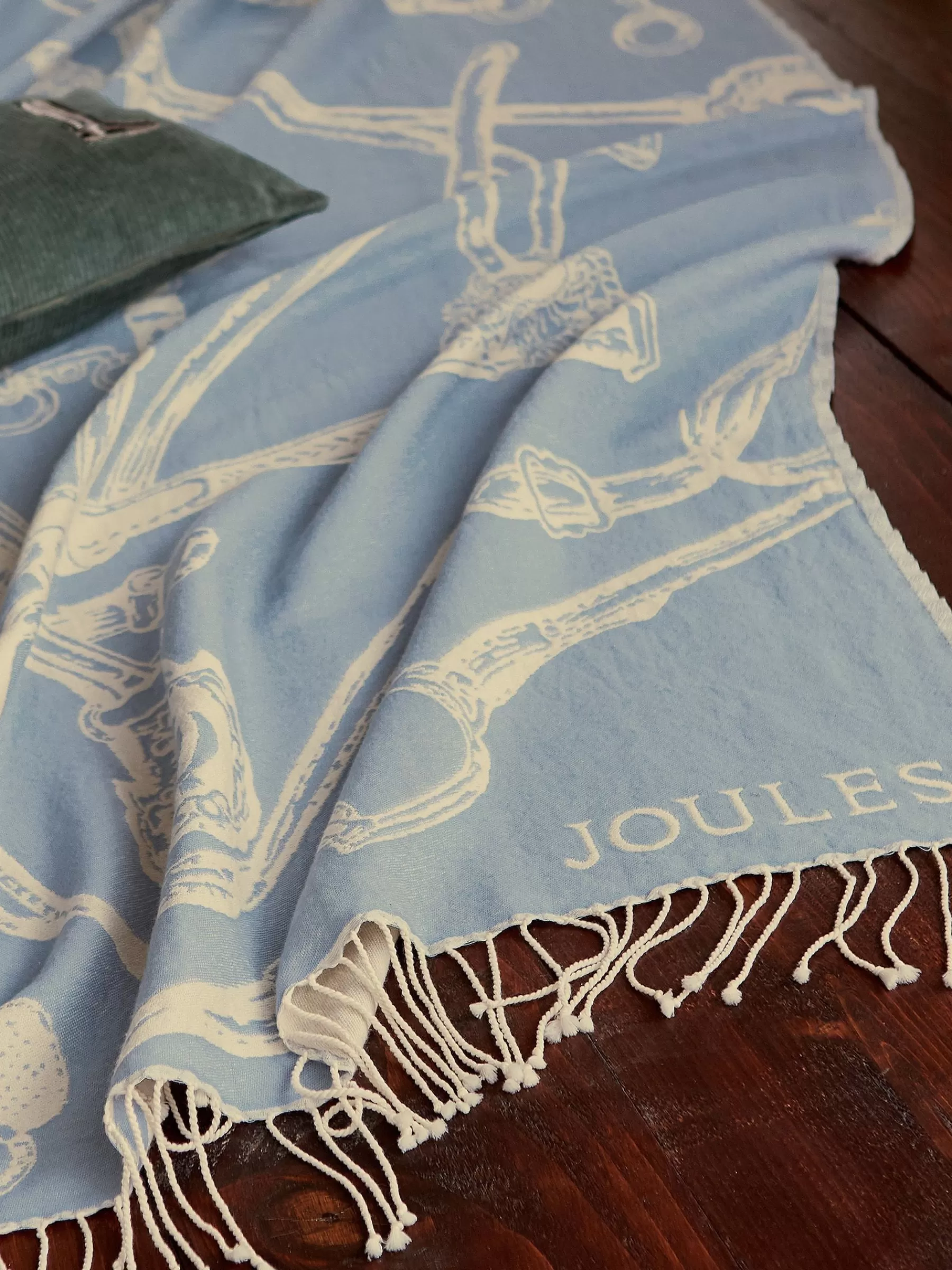 Joules Bridle Print Blue & Cream Tassell Throw Blue&Cream New