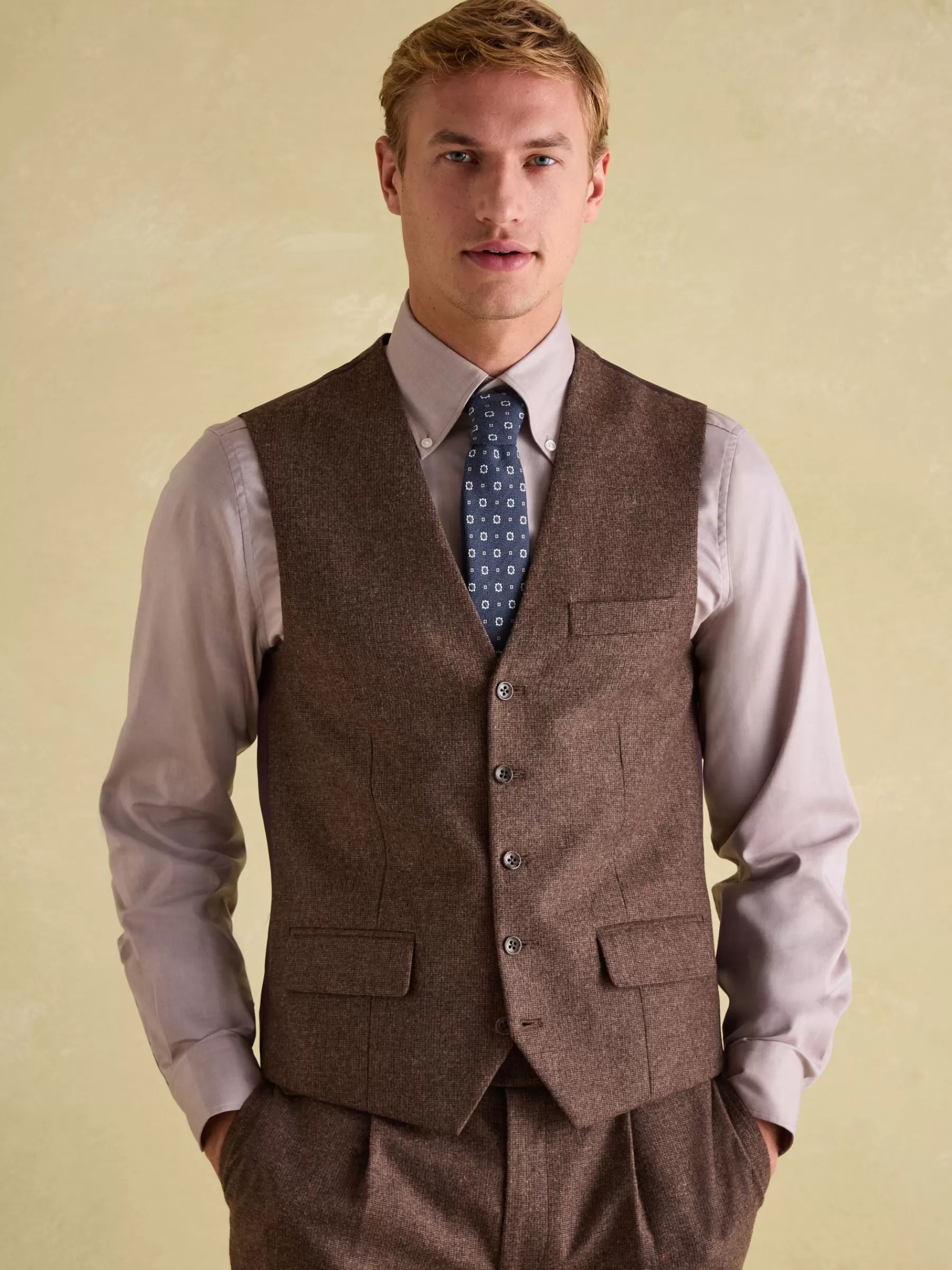 Joules Slim Fit Texture Suit Waistcoat Brown Clearance