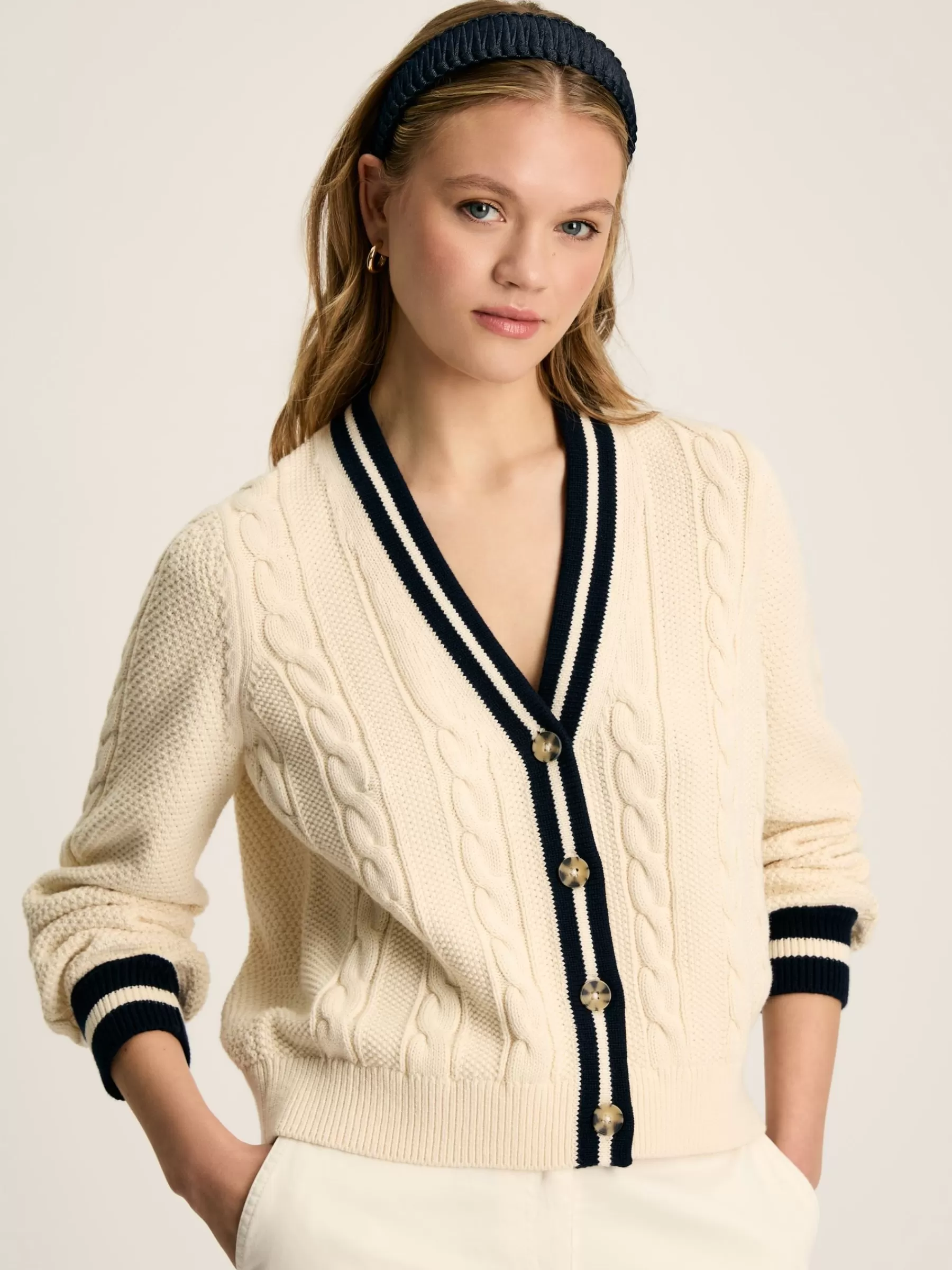 Joules Centre Court Cream & Navy Button Through Cable Knit Cardigan Cream&Navy Sale