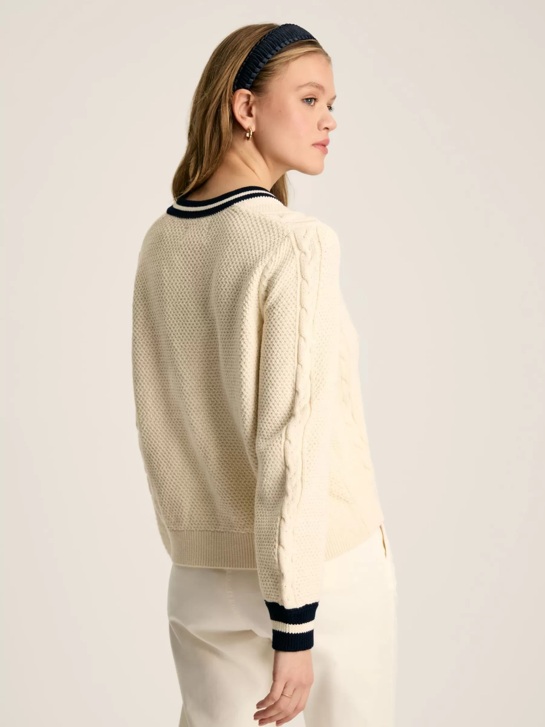 Joules Centre Court Cream & Navy Button Through Cable Knit Cardigan Cream&Navy Sale