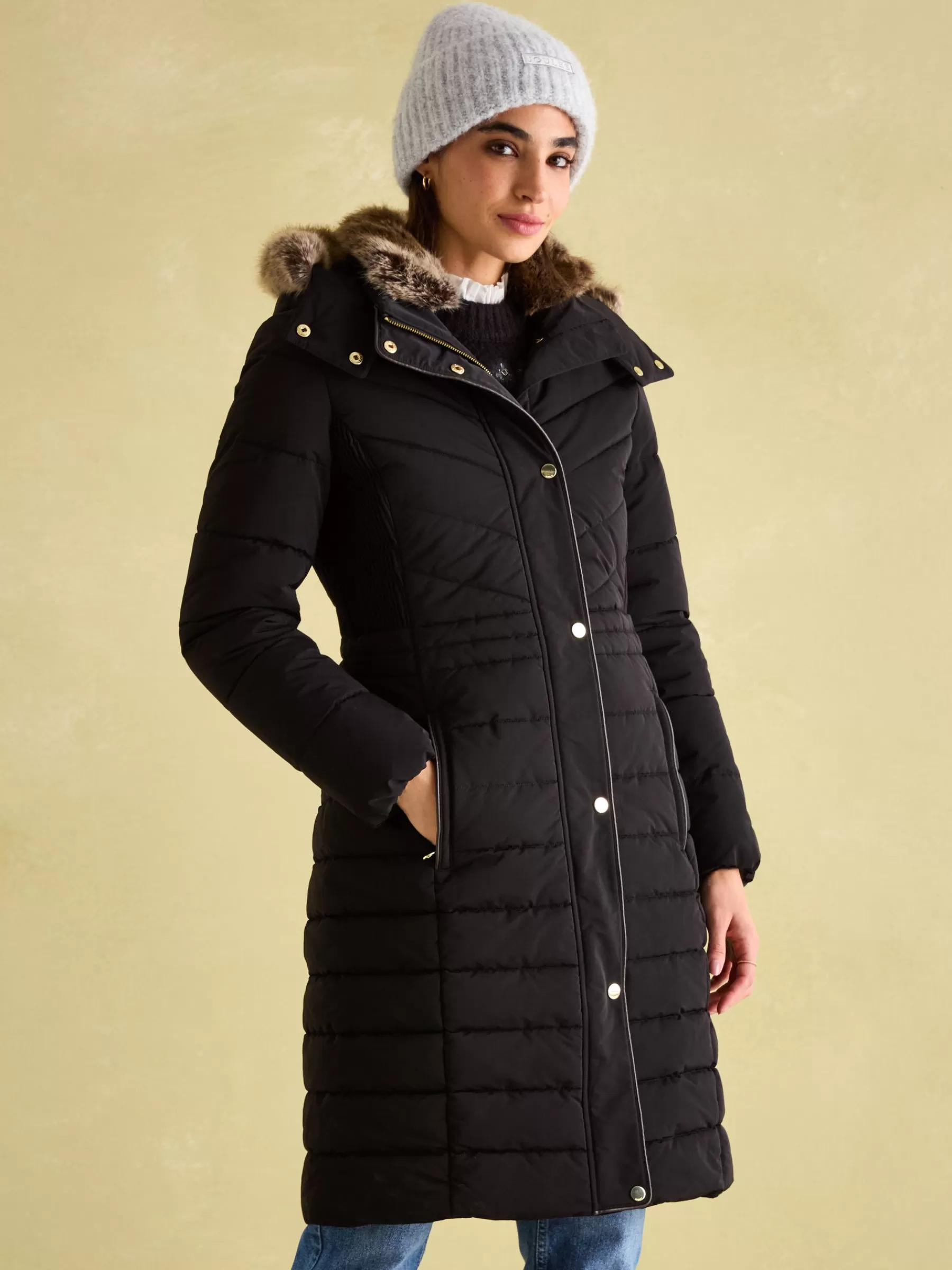 Joules Cherington Showerproof Longline Padded Coat with Faux Fur Hood Black Flash Sale