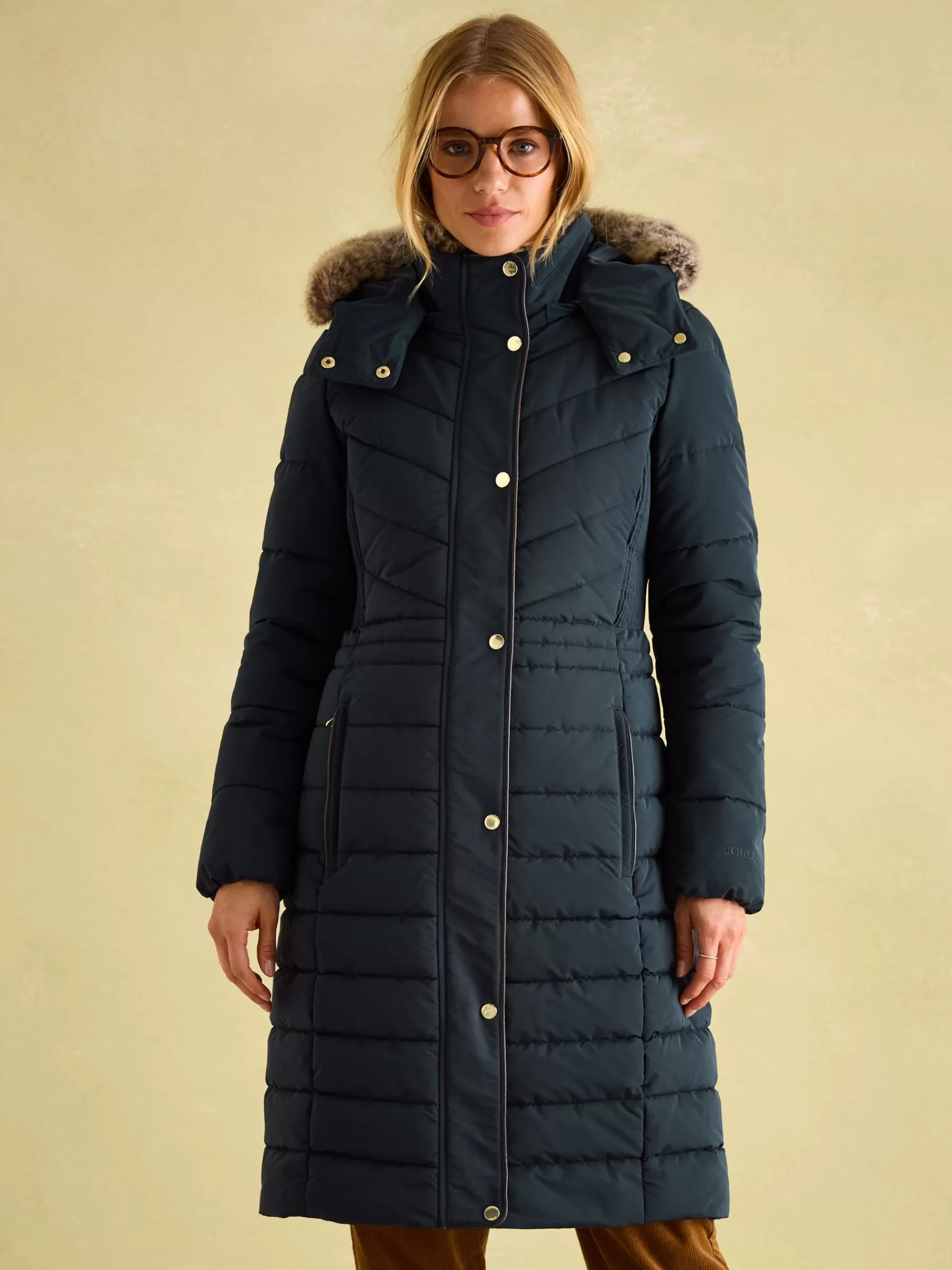 Joules Cherington Showerproof Longline Padded Coat with Faux Fur Hood Navy Cheap