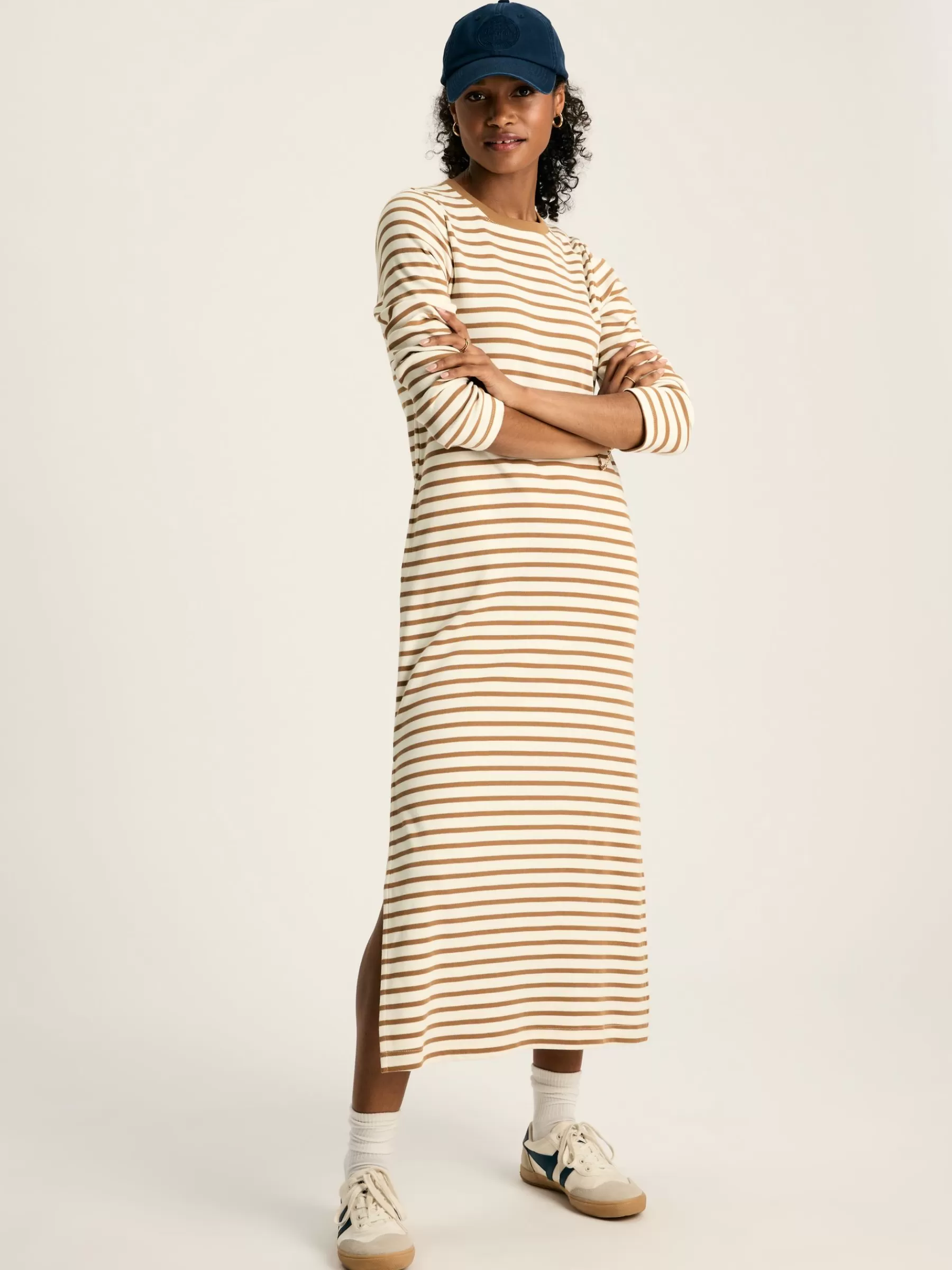 Joules Cleo Tan Brown Striped Long Sleeve Jersey Midi Dress TanBrownStriped Cheap