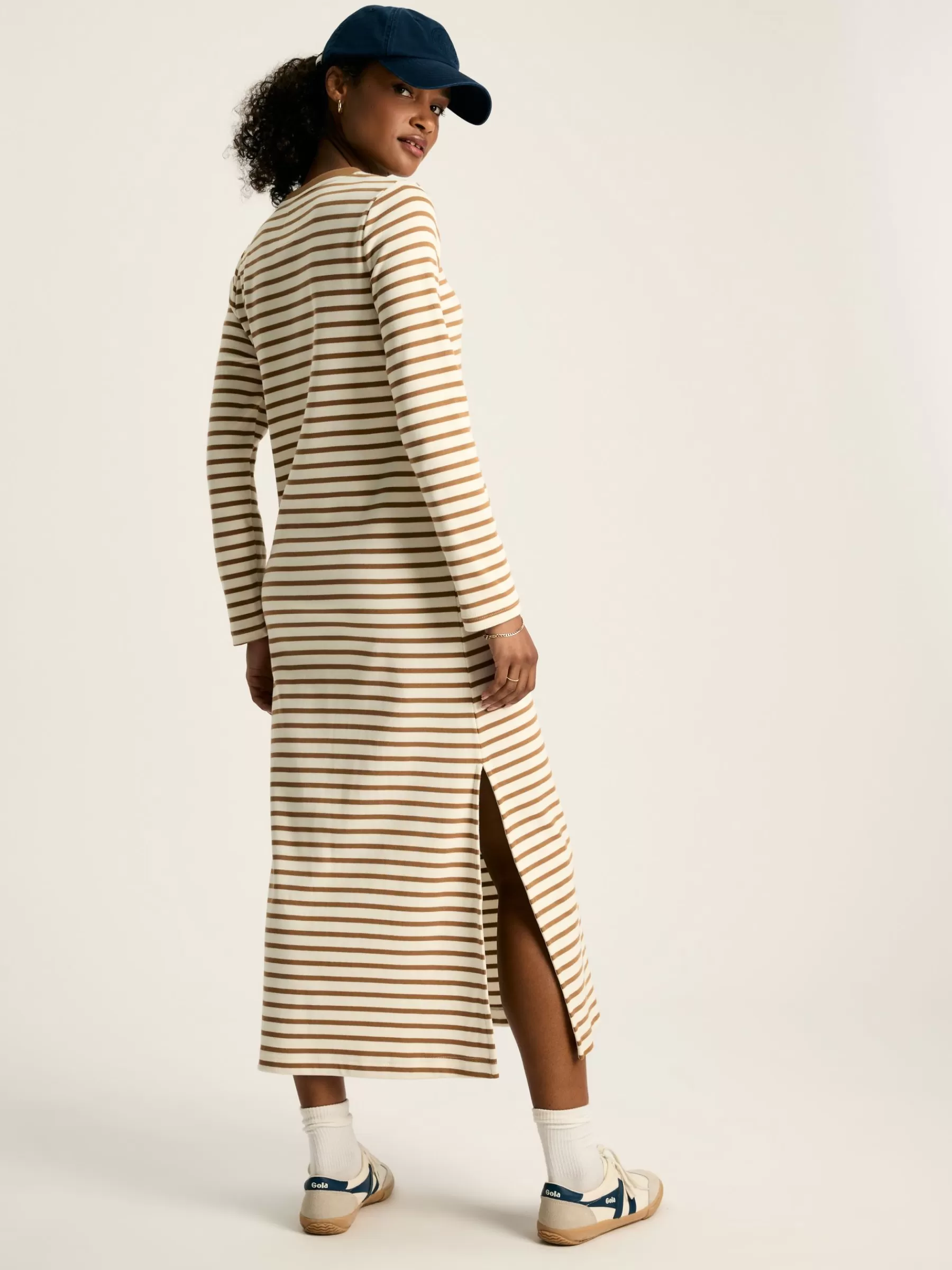 Joules Cleo Tan Brown Striped Long Sleeve Jersey Midi Dress TanBrownStriped Cheap