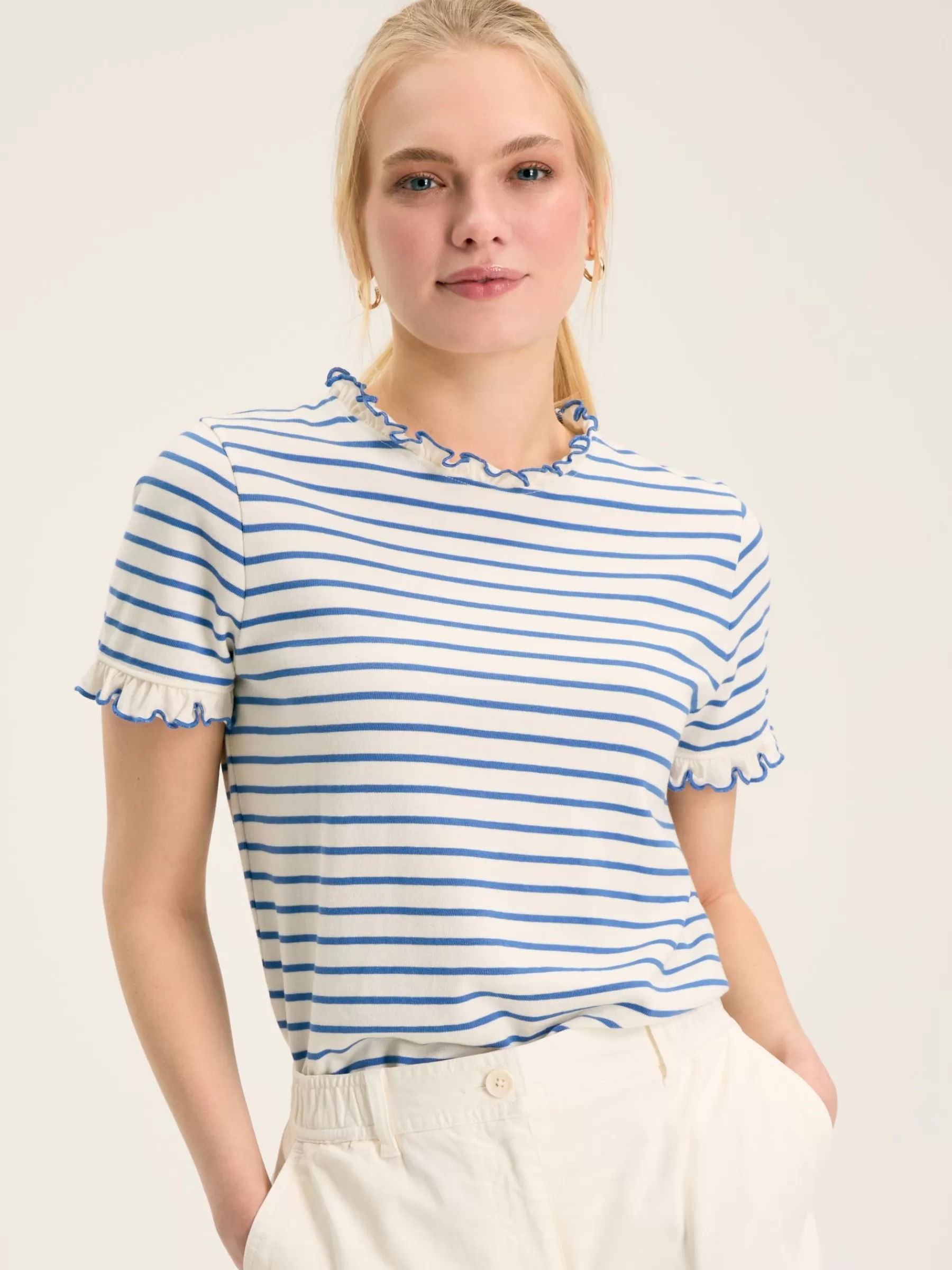 Joules Daisy Cream & Blue Short Sleeve Frilled Neck Top Cream&Blue Hot