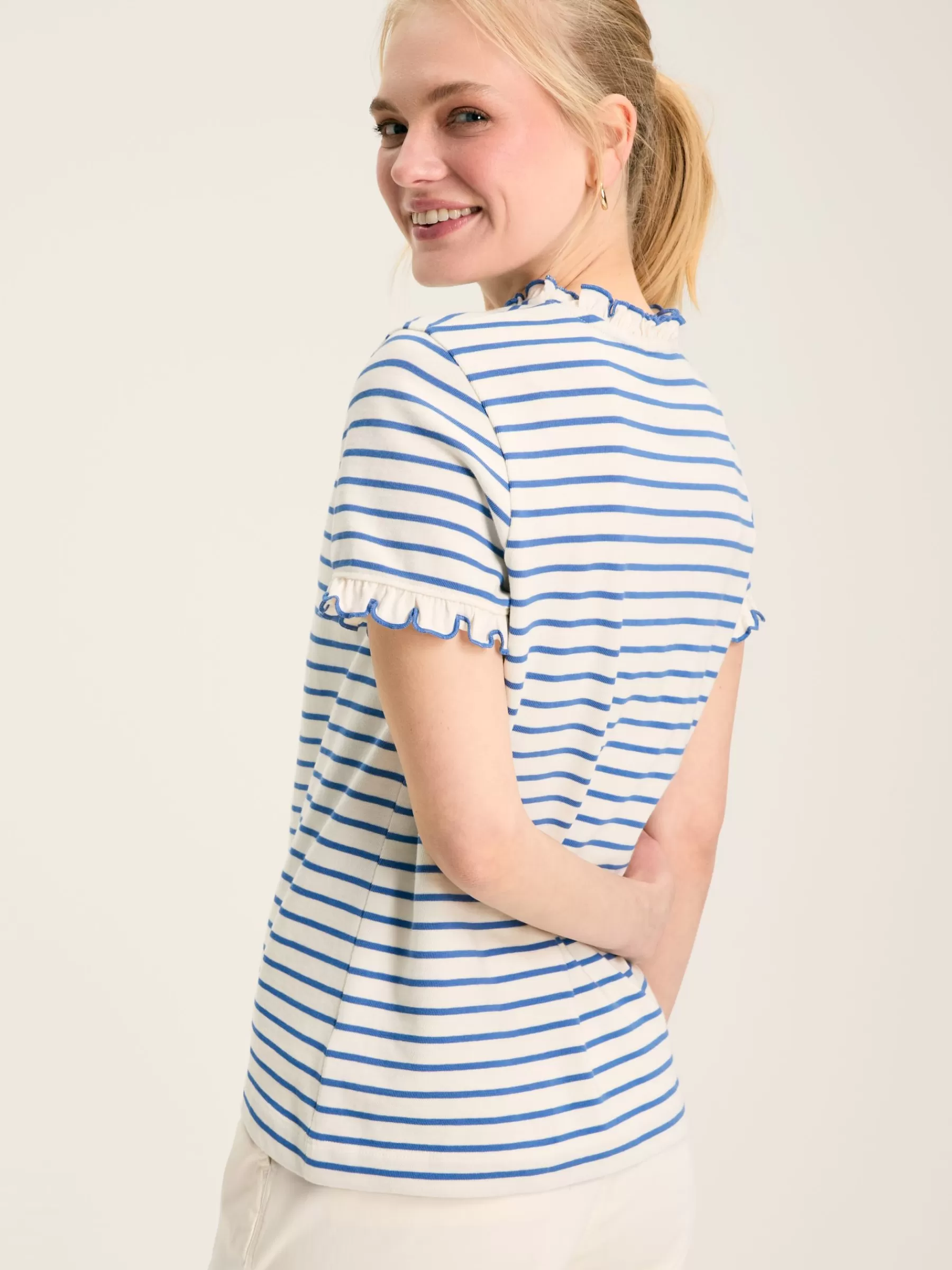 Joules Daisy Cream & Blue Short Sleeve Frilled Neck Top Cream&Blue Hot