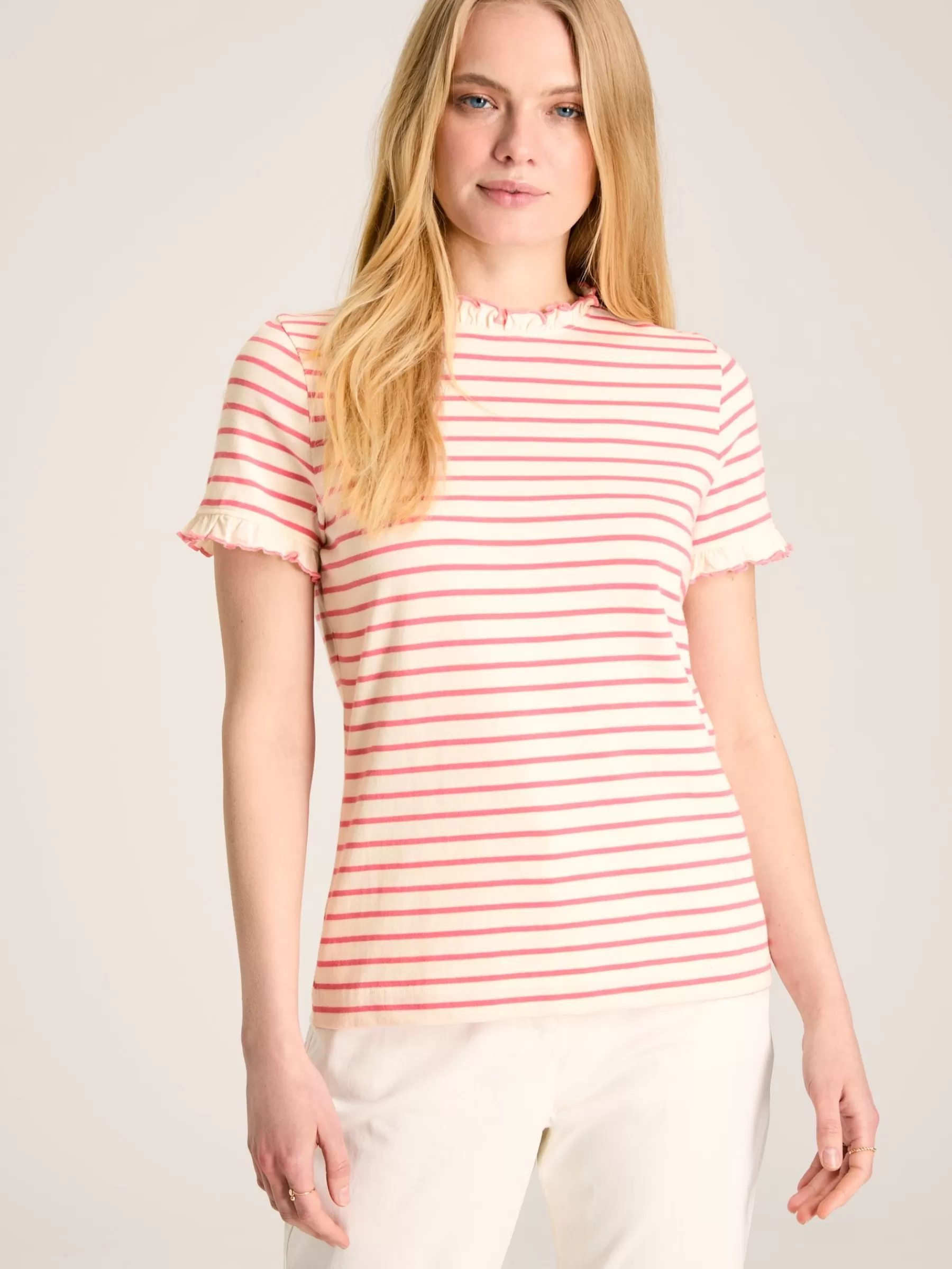 Joules Daisy Short Sleeve Frilled Neck Top Pink/Cream Flash Sale