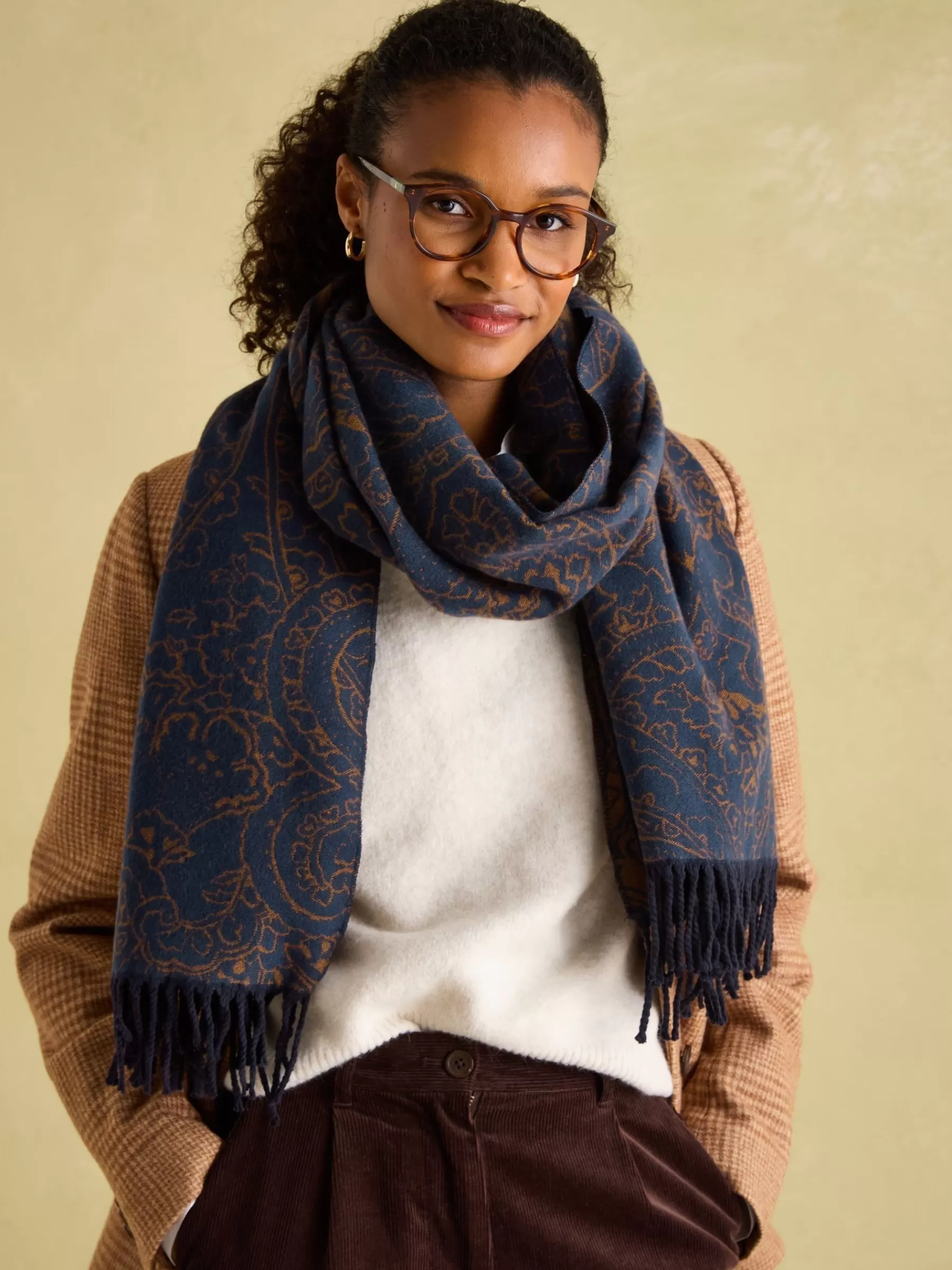 Joules Elissa Navy & Camel Double-Sided Jacquard Scarf Navy&Camel Shop