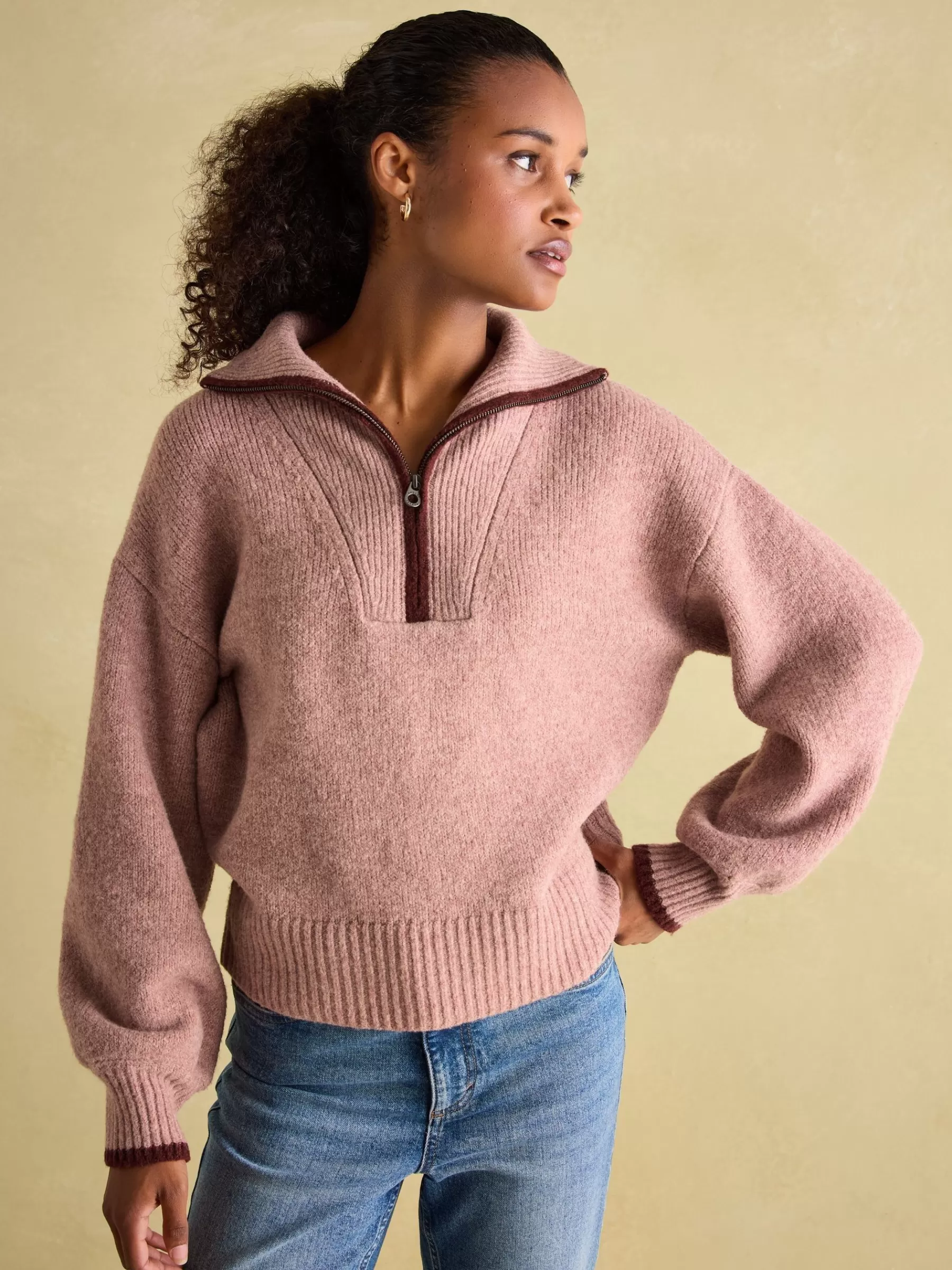 Joules Elmore Knitted Quarter Zip Jumper Pink Clearance