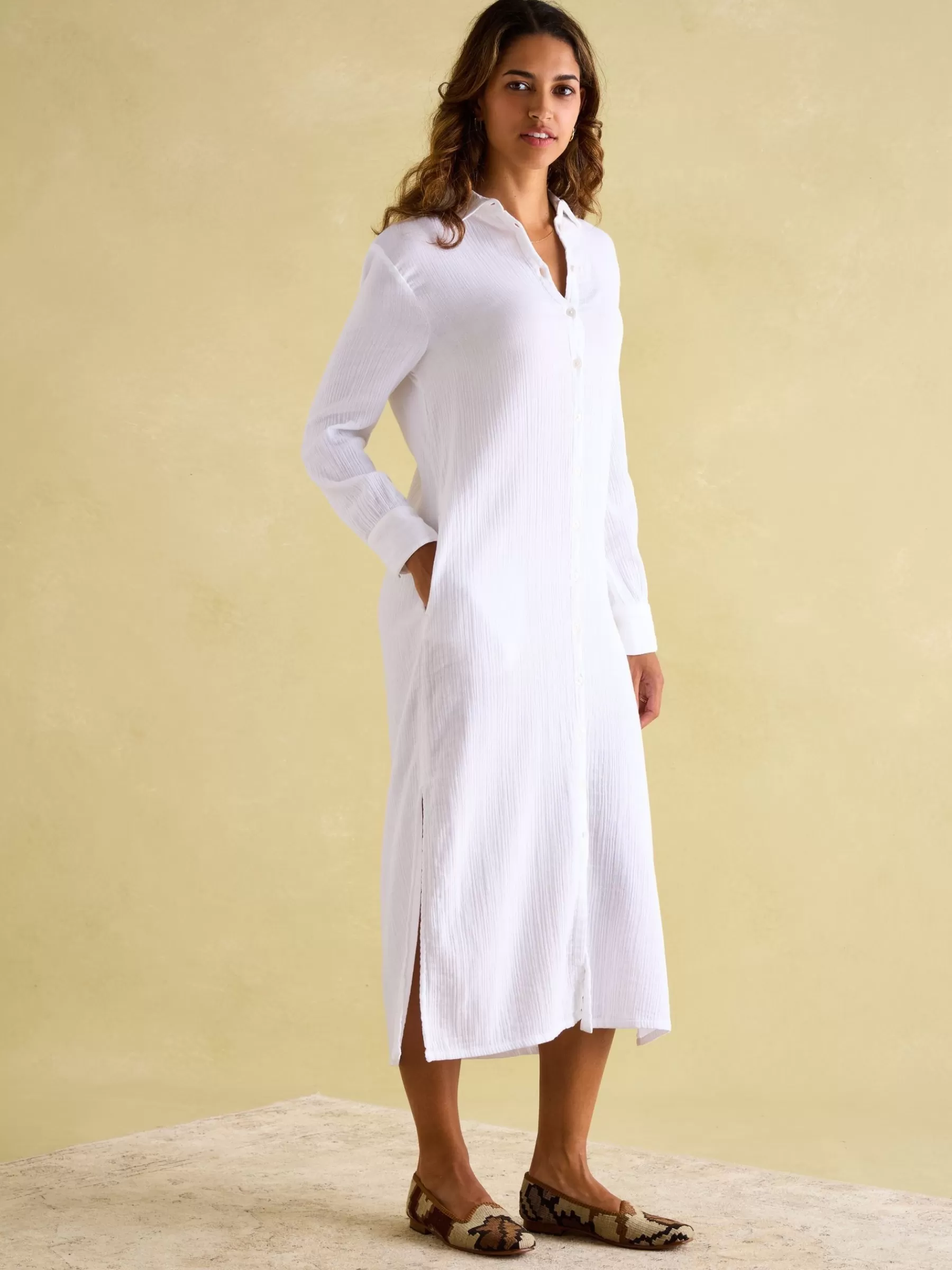 Joules Erica Button Through Cotton Shirt Dress White Sale