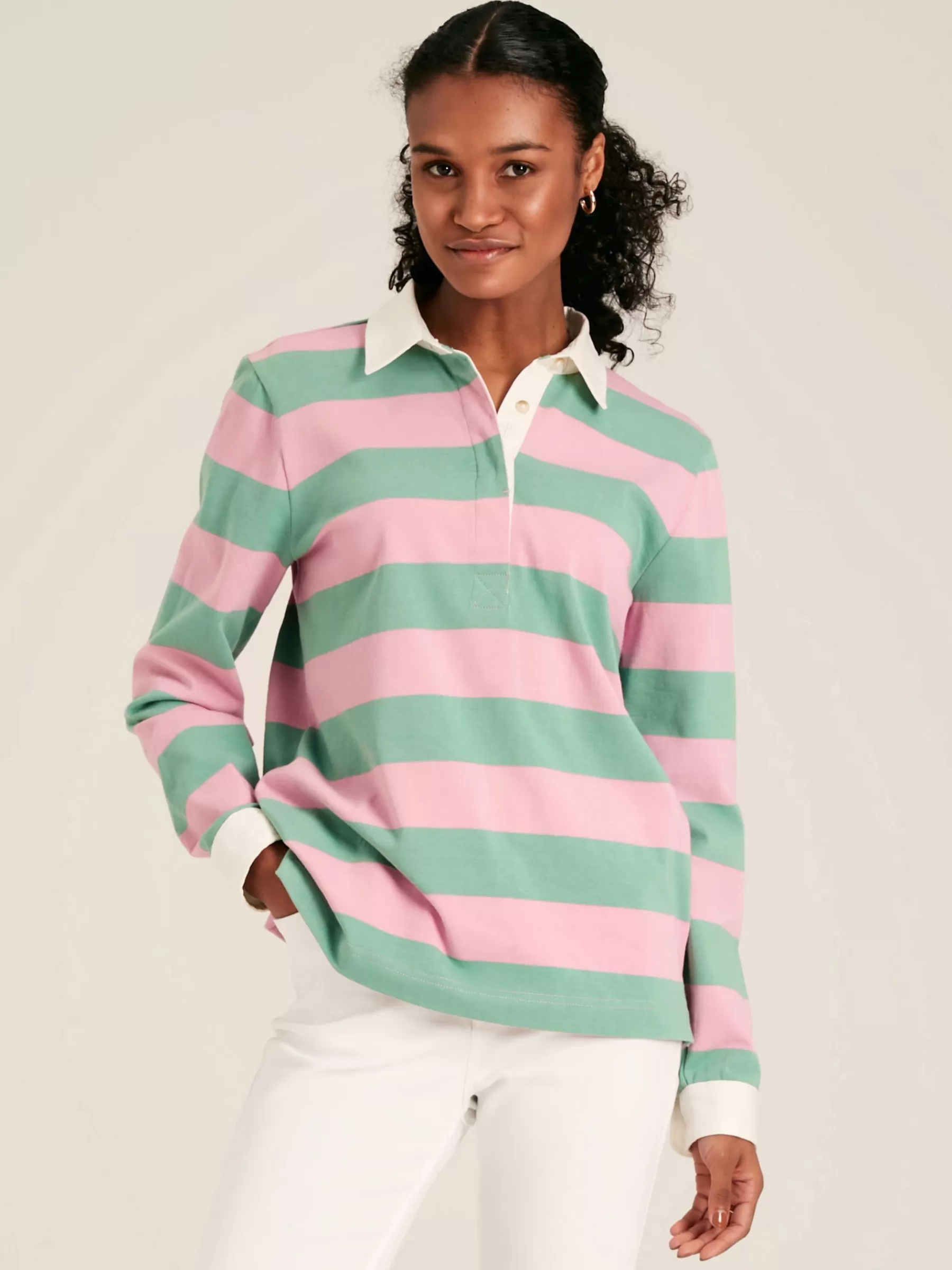 Joules Falmouth Pink & Green Striped Cotton Rugby Shirt Pink&GreenStriped Flash Sale