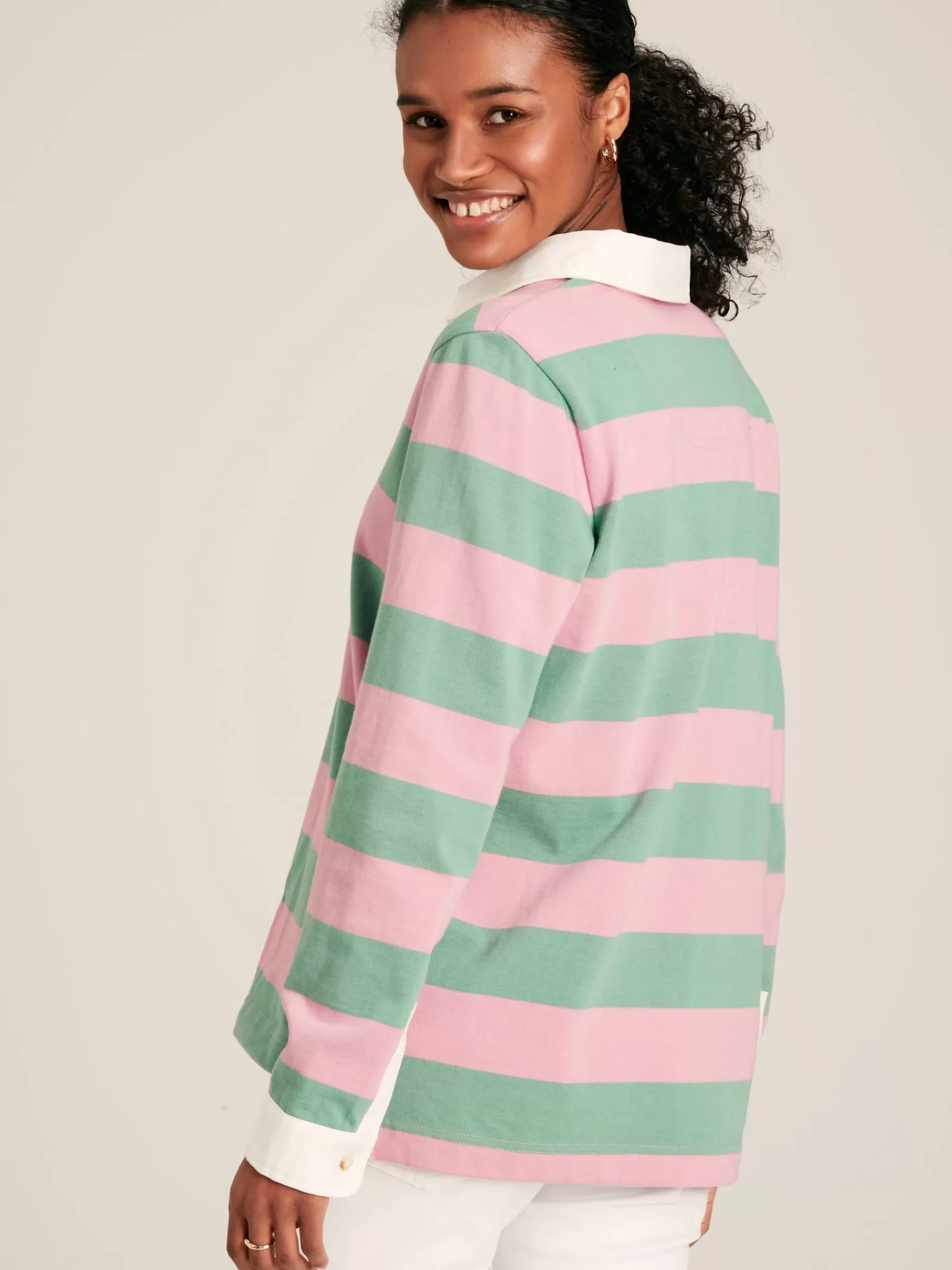 Joules Falmouth Pink & Green Striped Cotton Rugby Shirt Pink&GreenStriped Flash Sale