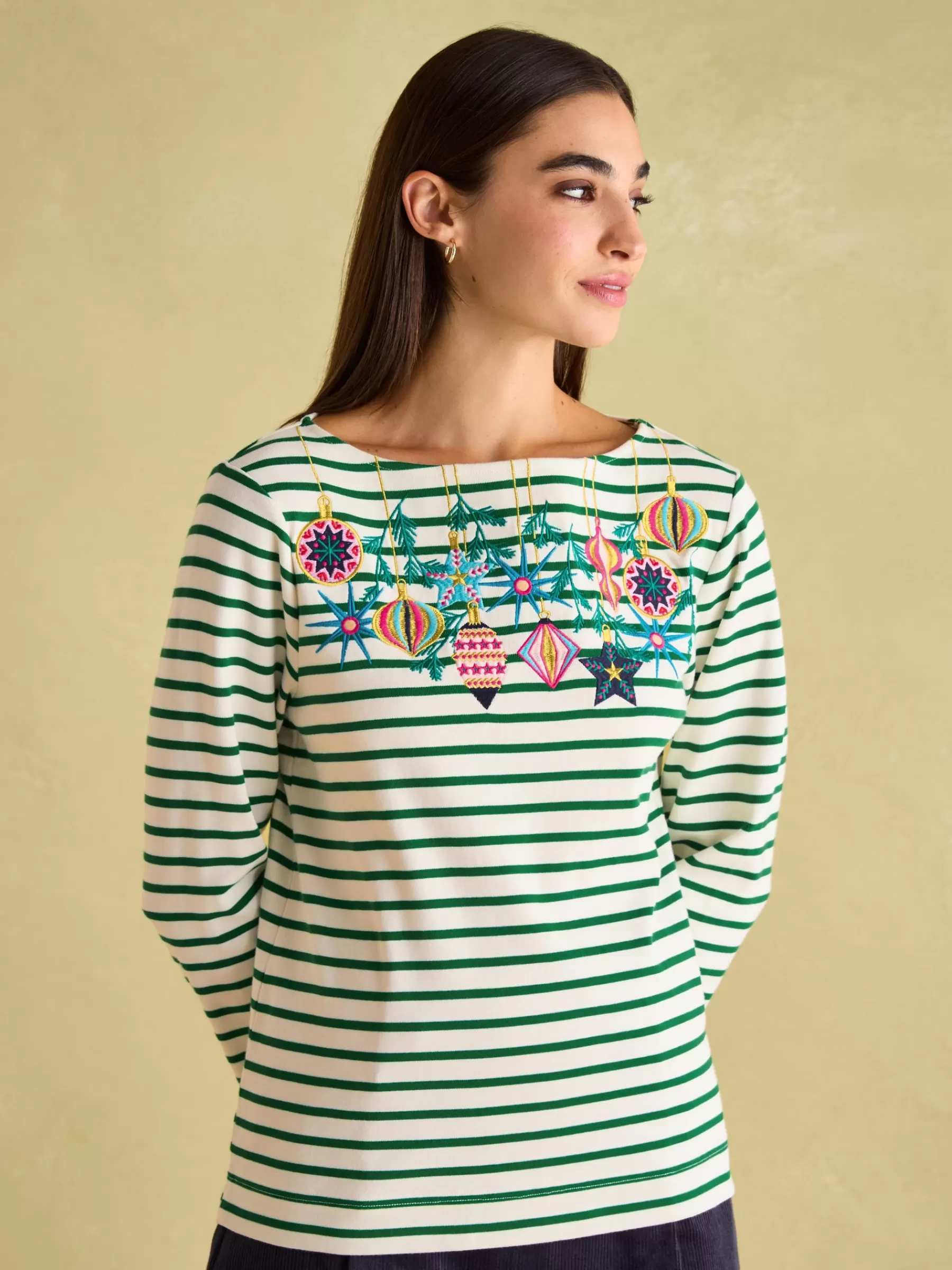 Joules Festive Harbour Boat Neck Breton Top Green/White Flash Sale