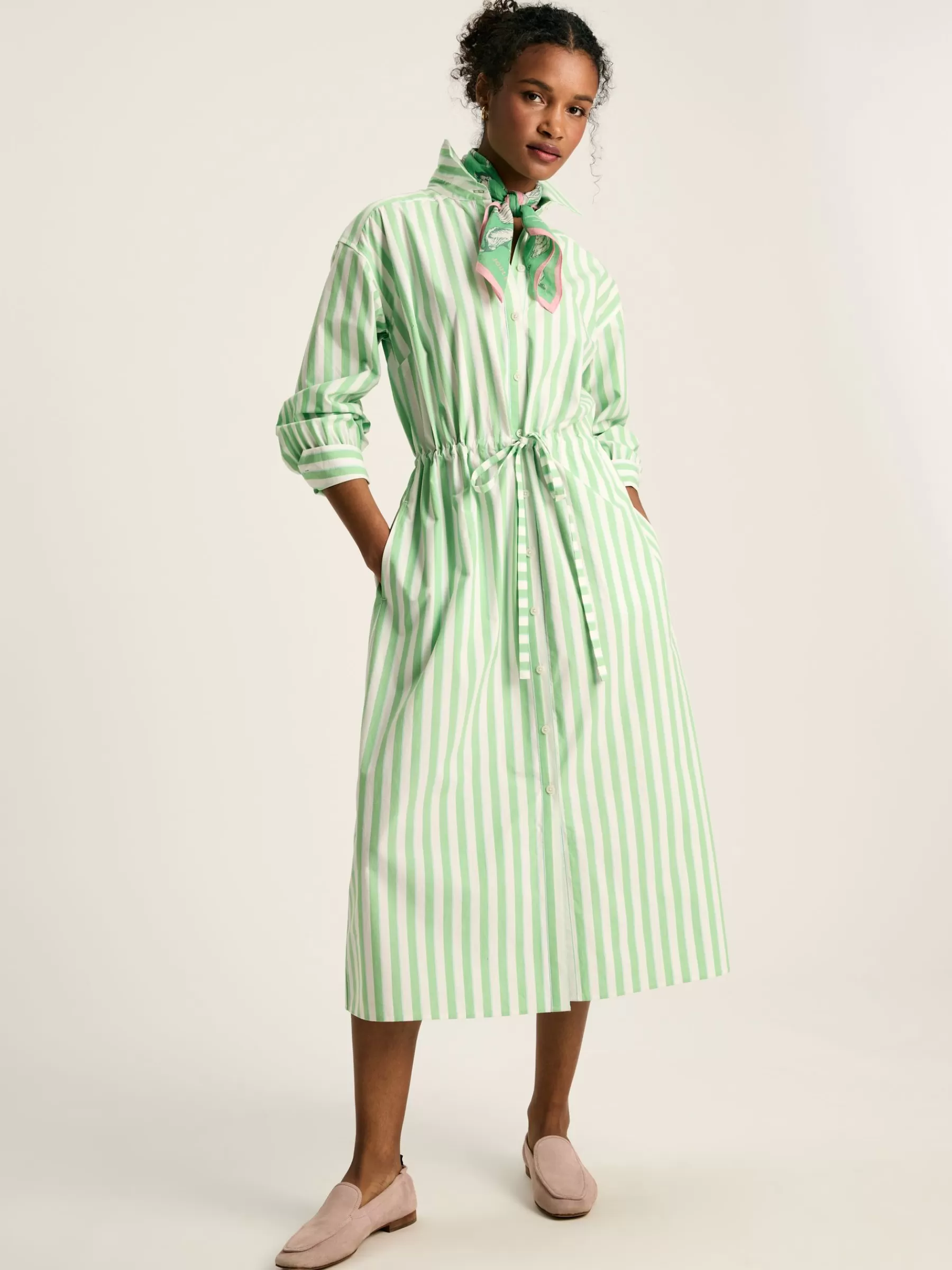 Joules Francesca Green & White Tie Waist Shirt Dress Green&White Clearance