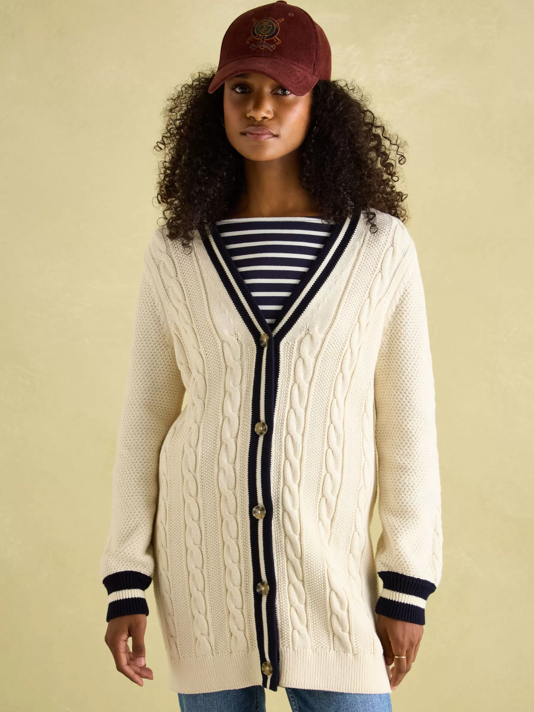 Joules Game Point Button Through Longline Cable Knit Cardigan Cream/Navy Cheap