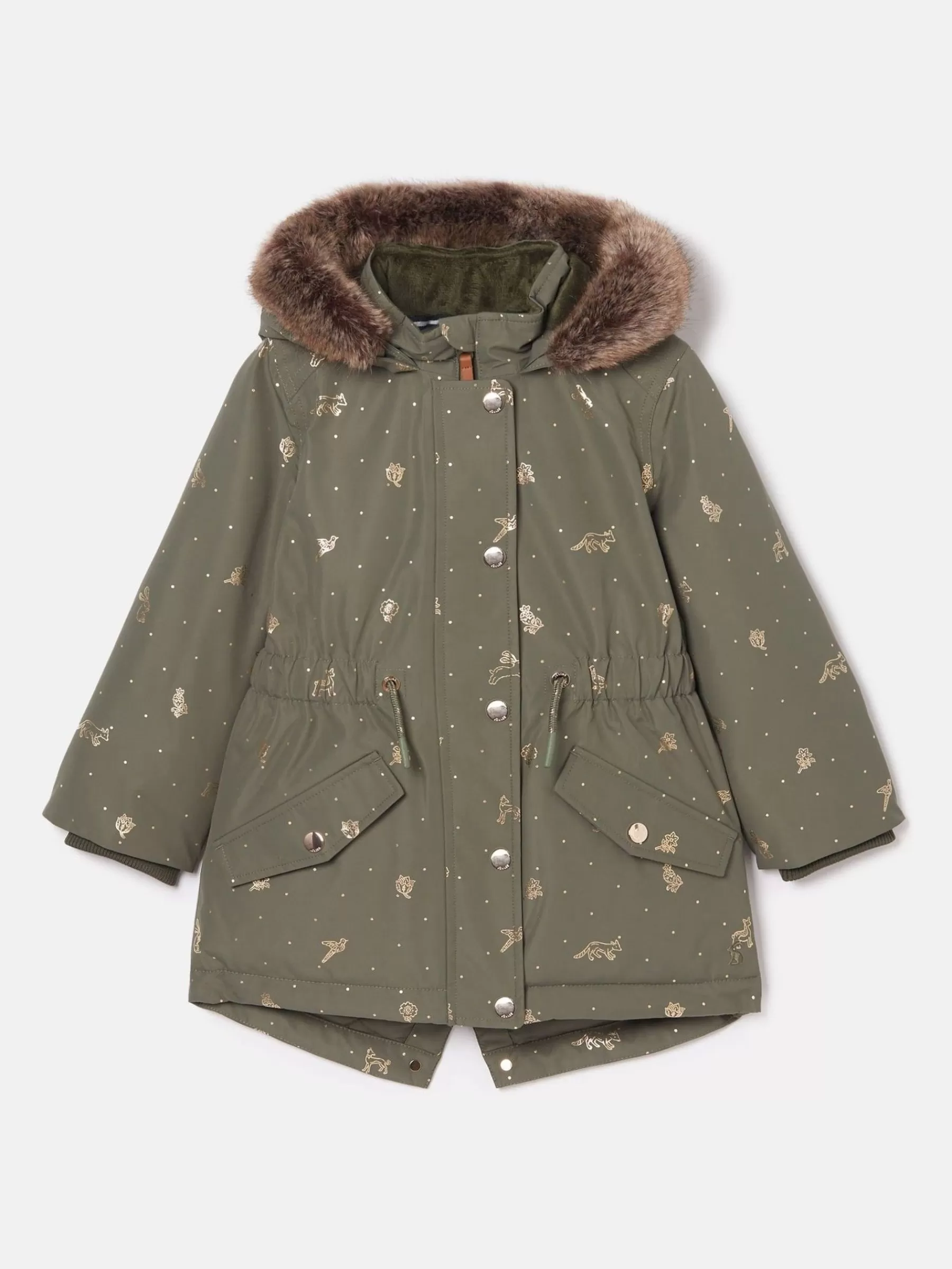 Joules Girls' Alix Khaki Green Printed Waterproof Parka Coat KhakiGreen Cheap