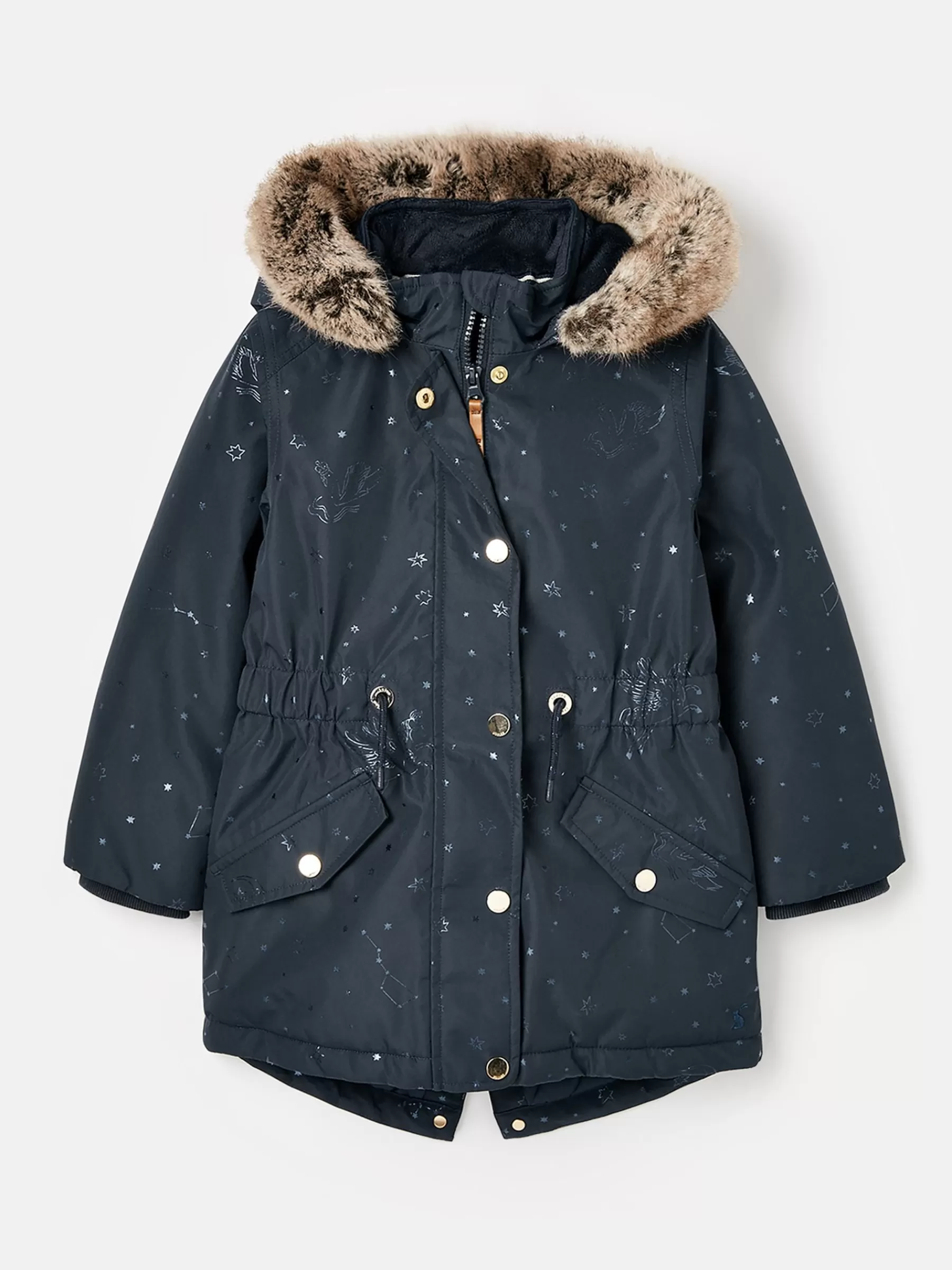 Joules Girls' Alix Navy Blue Printed Waterproof Parka Coat NavyBlue Shop