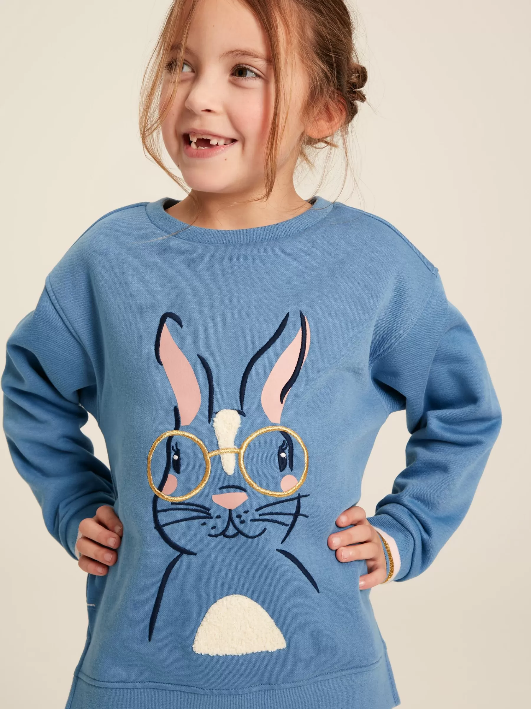 Joules Girls' Mackenzie Blue Rabbit Embroidered Artwork Crew Neck Sweatshirt BlueRabbit Fashion