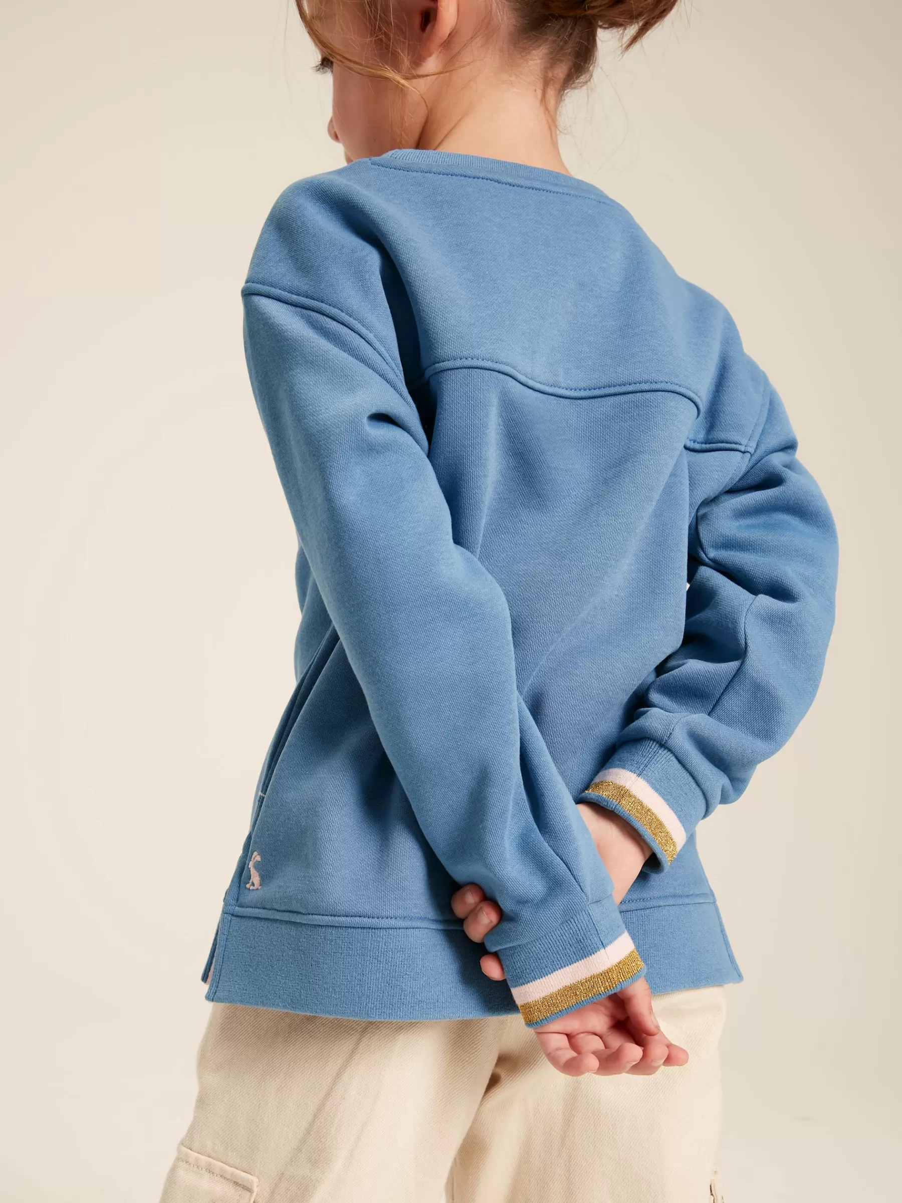 Joules Girls' Mackenzie Blue Rabbit Embroidered Artwork Crew Neck Sweatshirt BlueRabbit Fashion