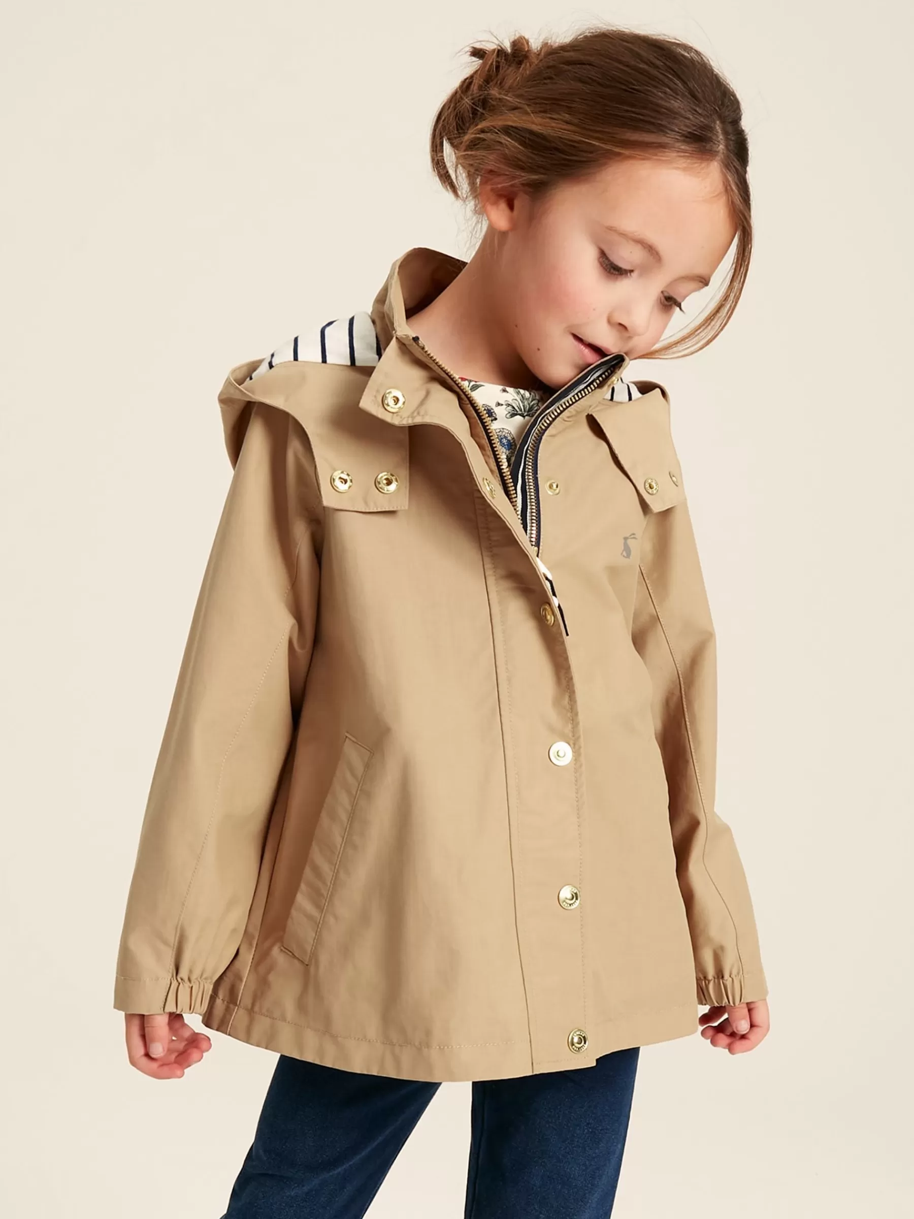 Joules Girls' Meadow Lightweight Waterproof Raincoat With Hood Stone New