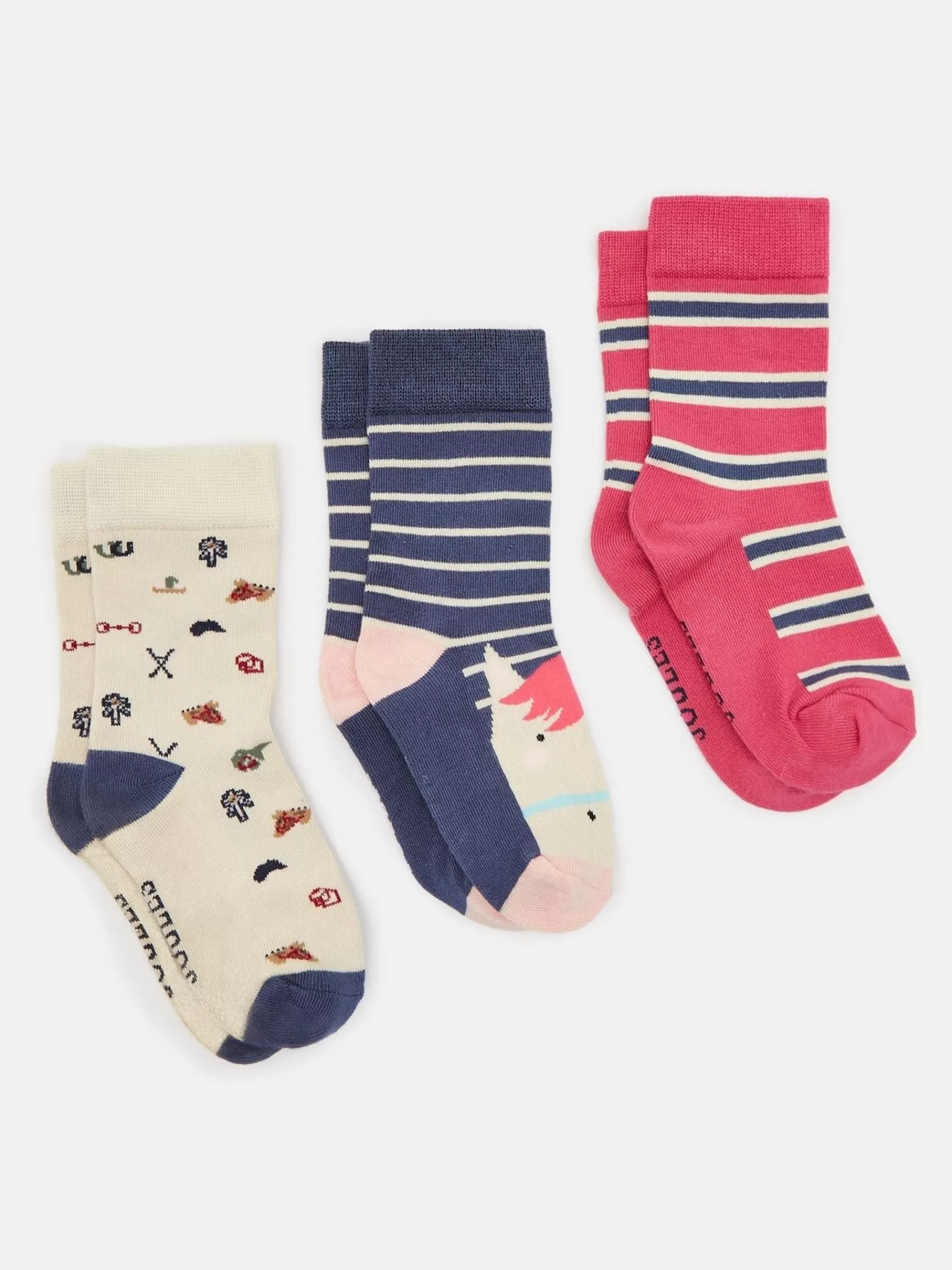 Joules Girls' Neat Feet 3 Pack Socks Navy/Pink Clearance