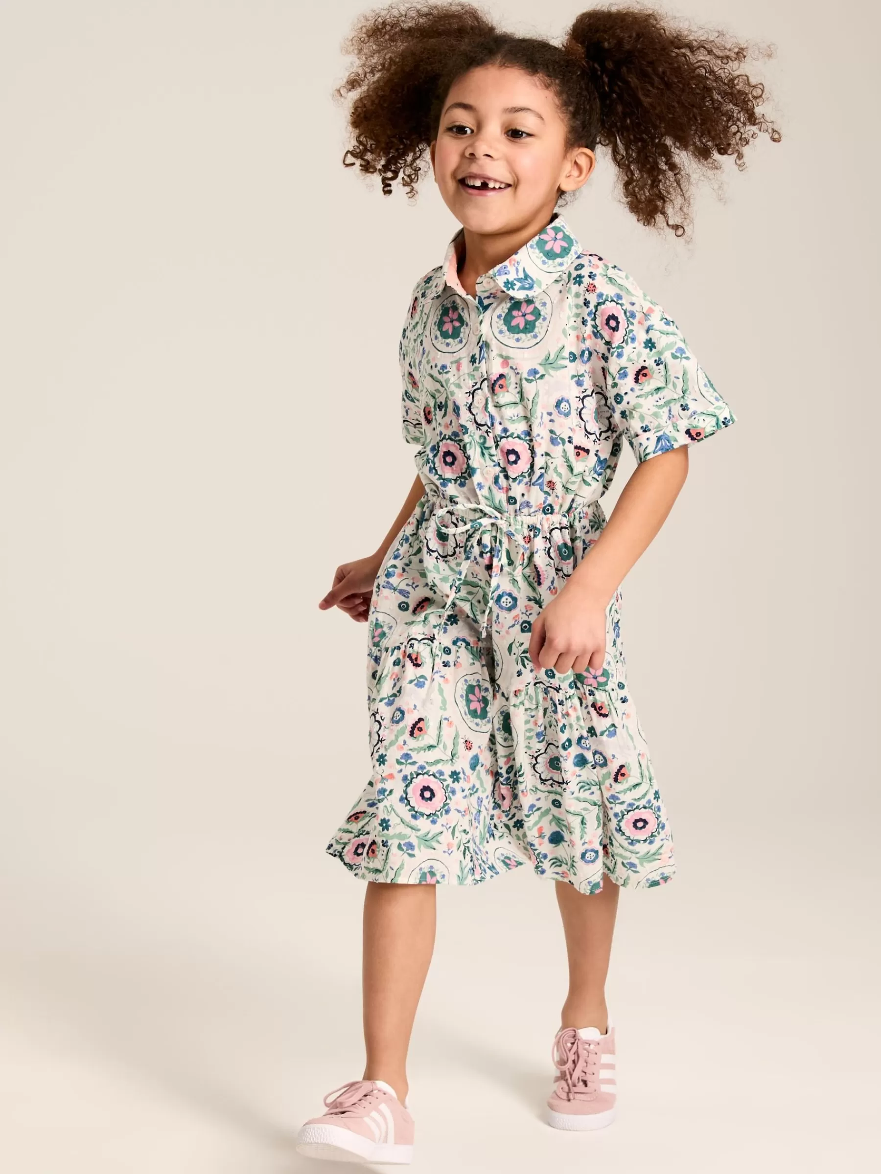 Joules Girls' Summer Pink / Green Textured Shirt Dress Clearance