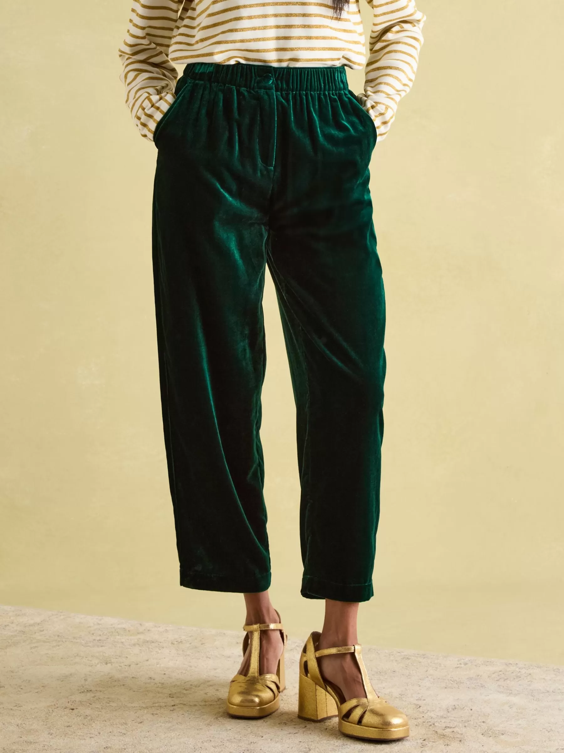 Joules Velvet Straight Leg Trousers Green Clearance