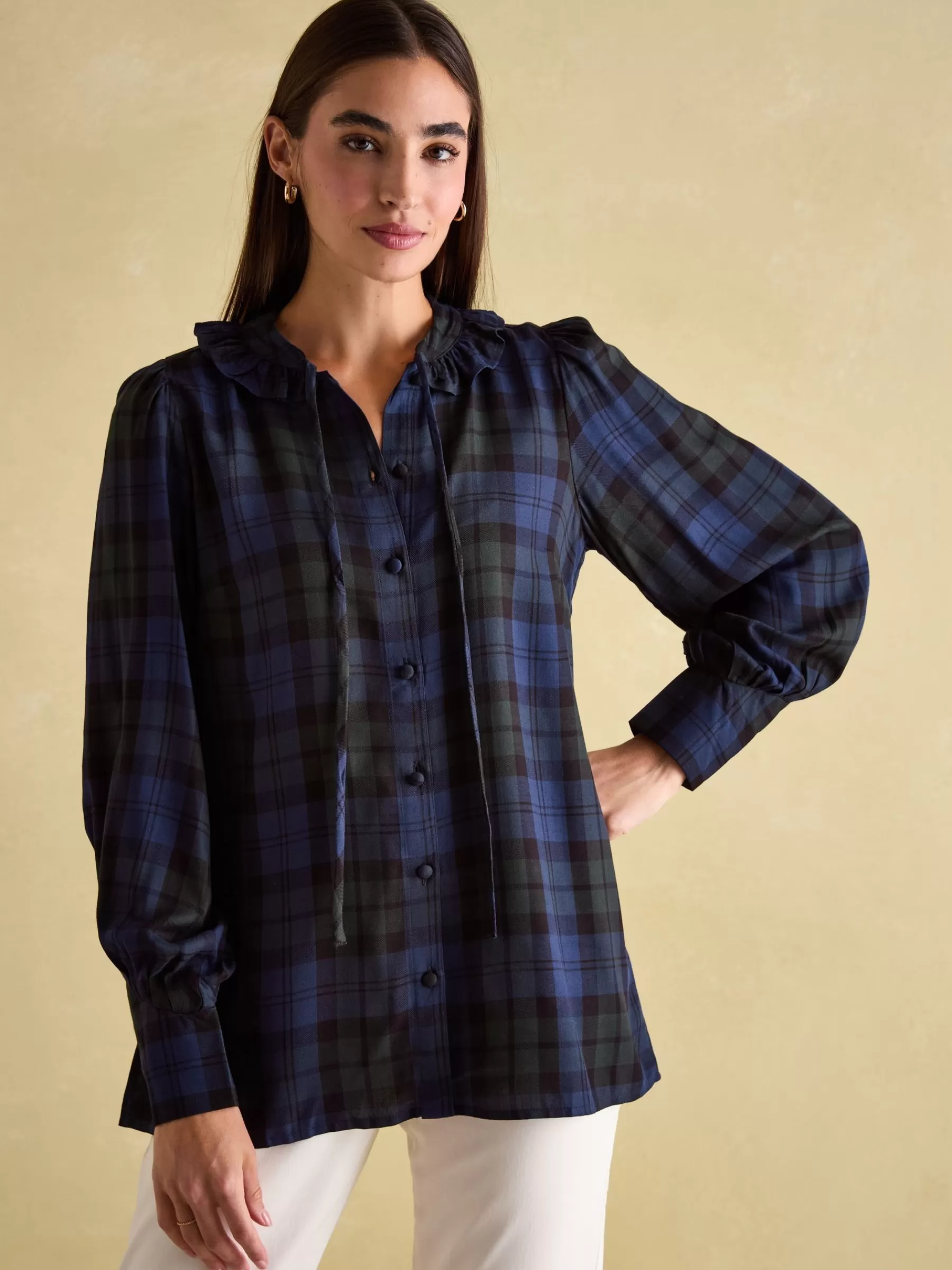 Joules Harper Black Check Pussybow Tie Blouse BlackCheck Clearance