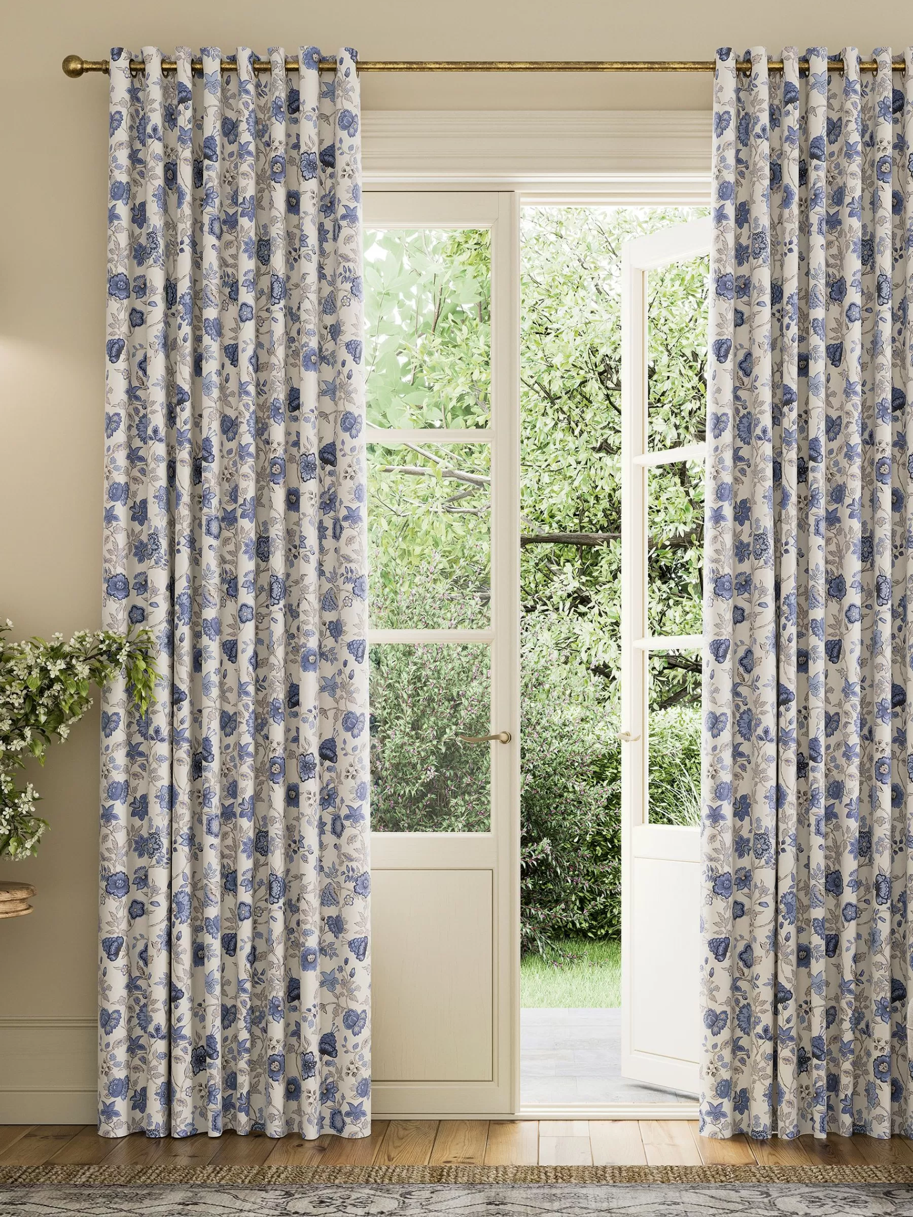 Joules Indienne Floral Set of 2 Blackout Eyelet Curtains Blue Discount