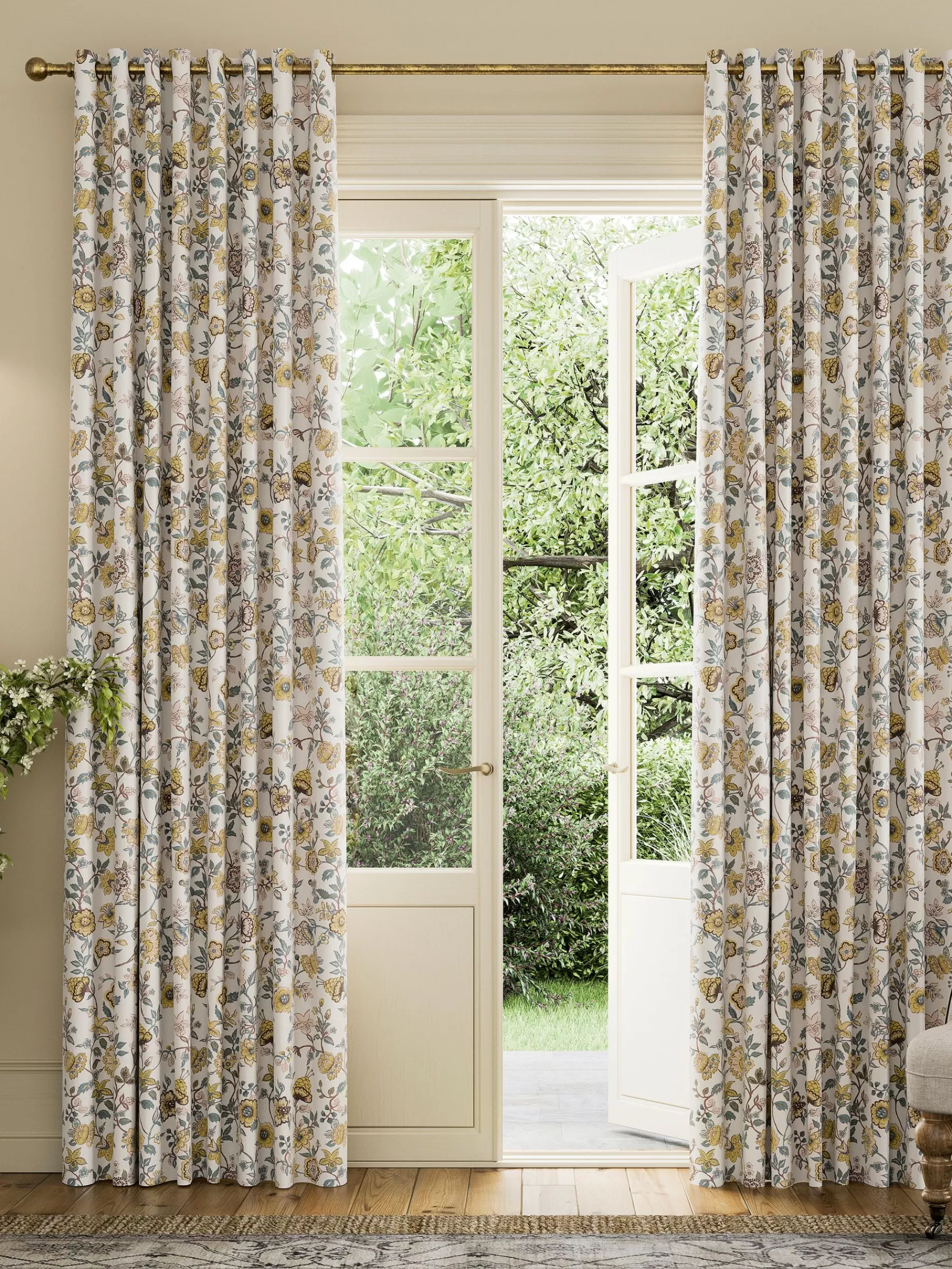 Joules Indienne Floral Set of 2 Blackout Eyelet Curtains Yellow Outlet