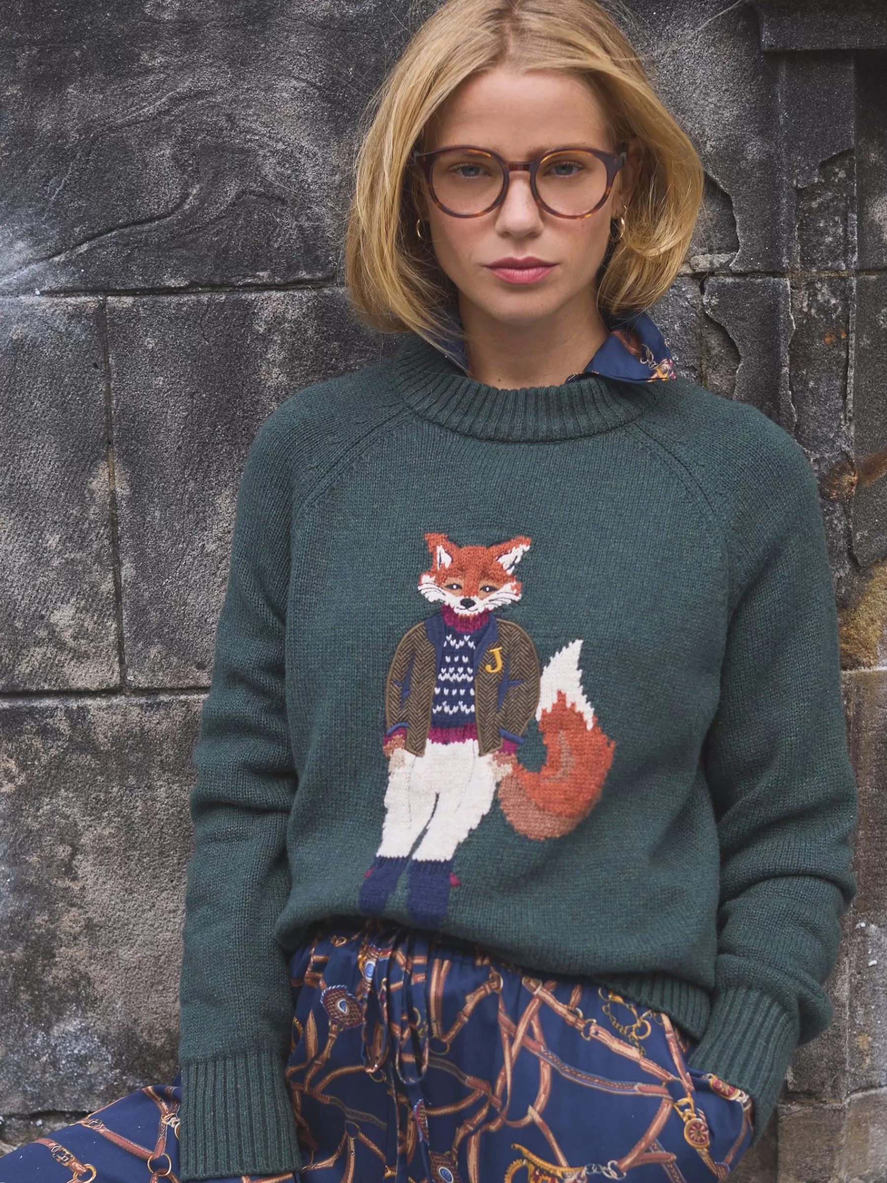 Joules Jonty Dark Green Intarsia Fox Knit Jumper DarkGreen Store