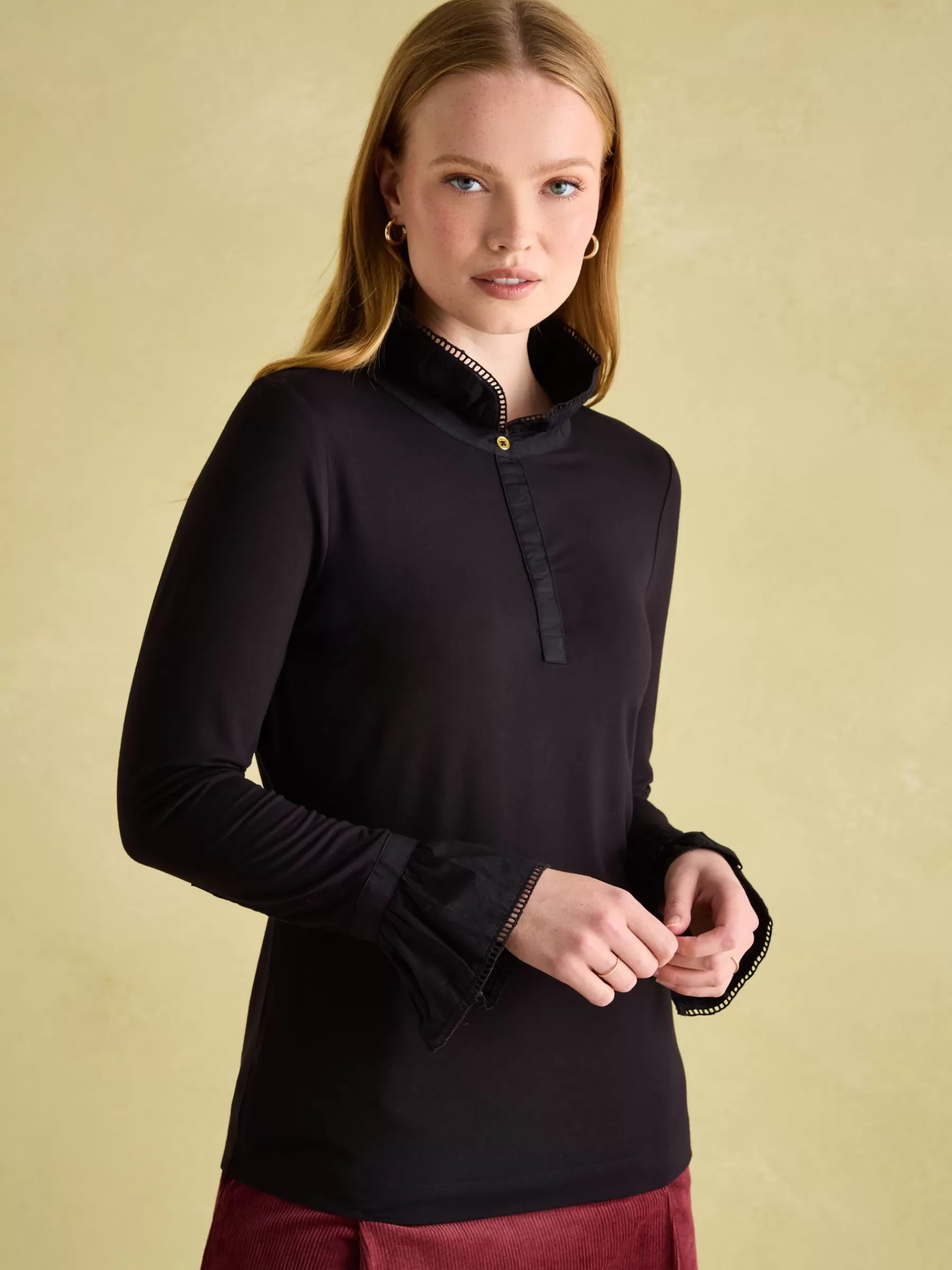 Joules Kate Long Sleeve Frilled Neck Top Black Sale