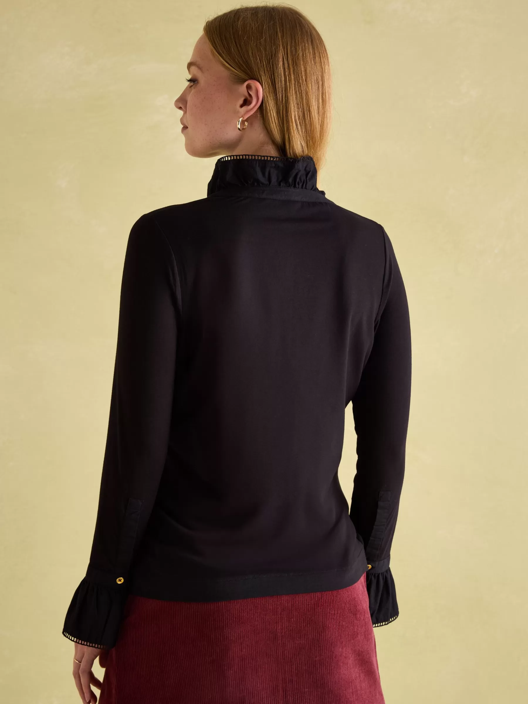 Joules Kate Long Sleeve Frilled Neck Top Black Sale