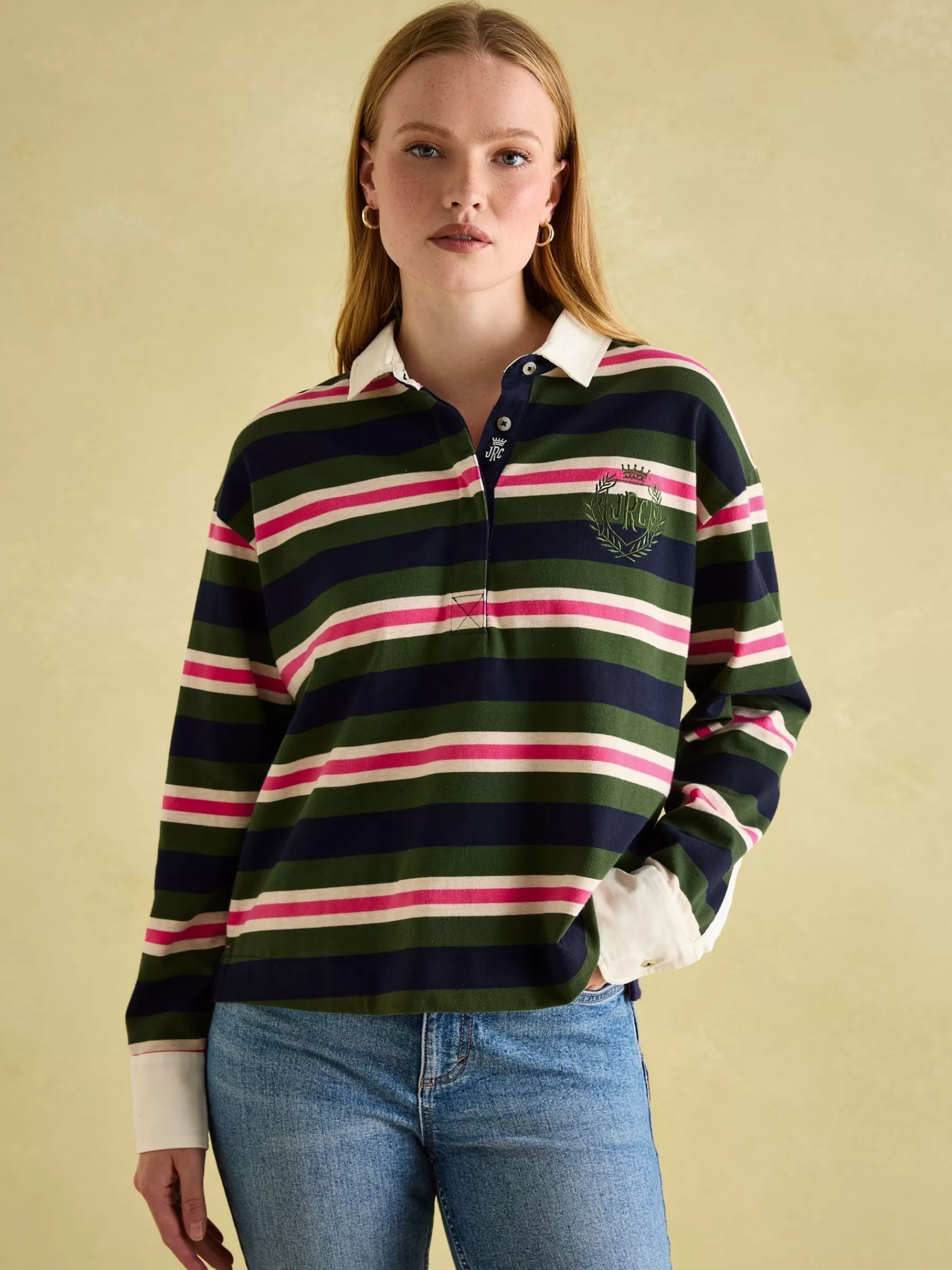 Joules Lara Boxy Fit Rugby Shirt Green/Pink Cheap