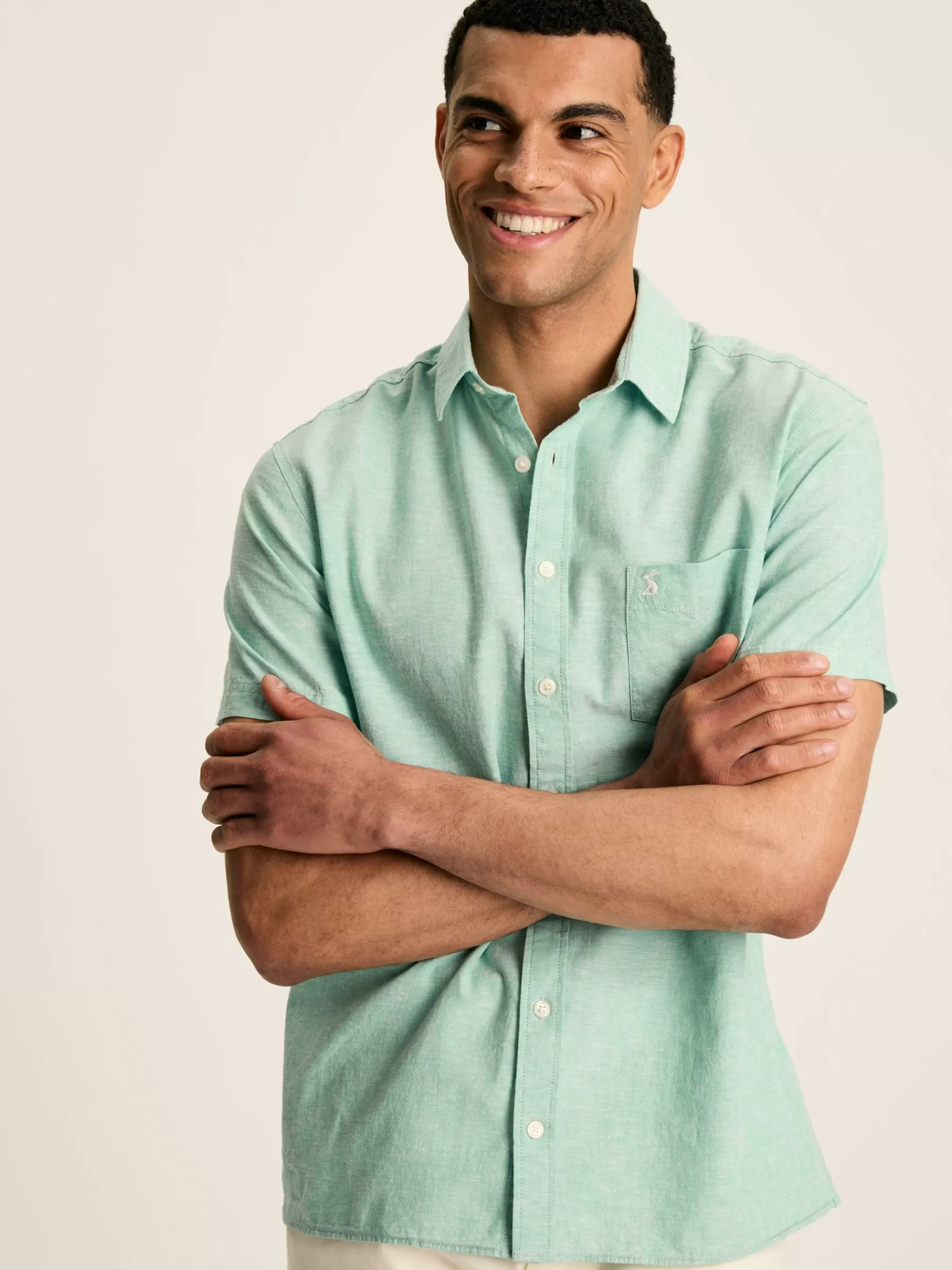 Joules Linen Blend Plain Short Sleeve Shirt Green Shop