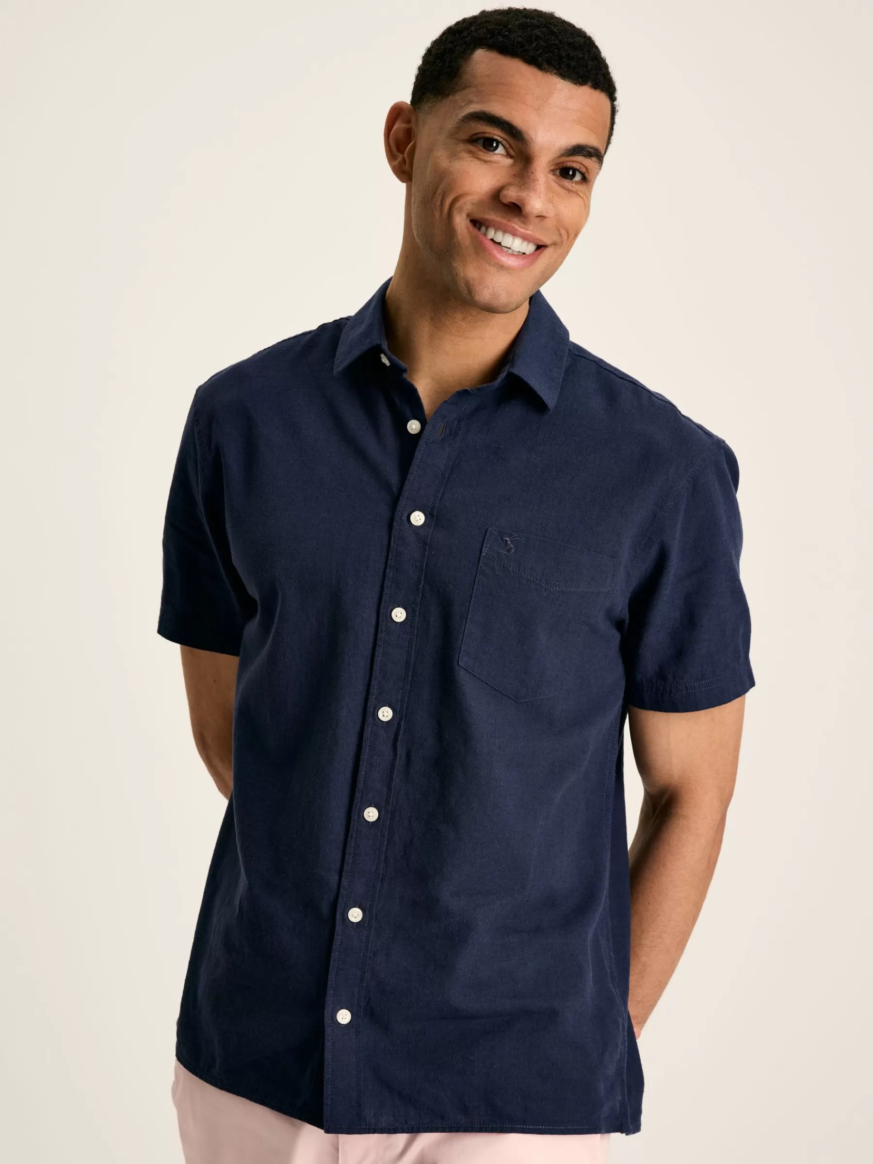 Joules Linen Blend Navy Blue Plain Short Sleeve Shirt NavyBlue Best