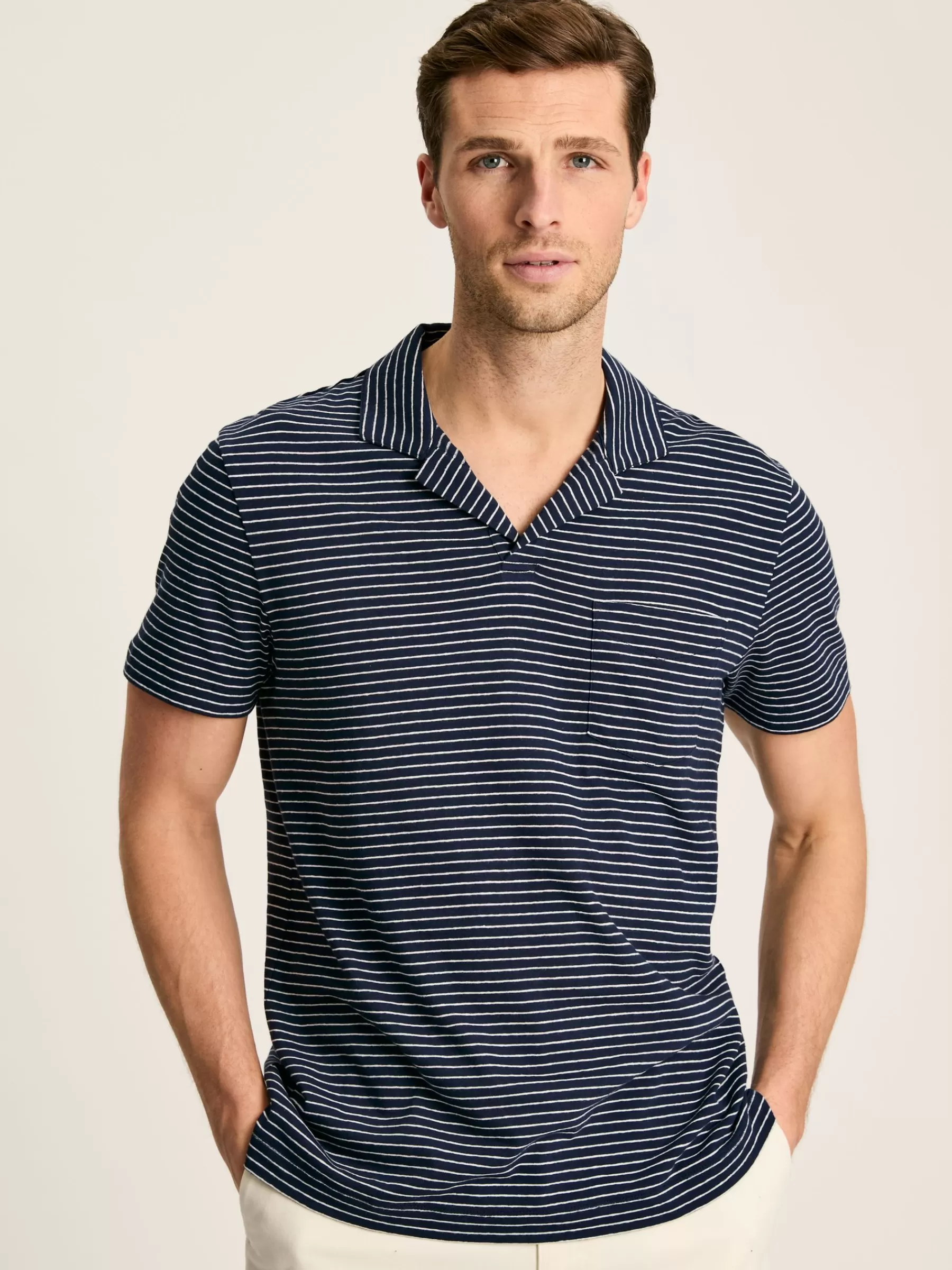 Joules Linen Blend Navy Blue Striped Polo Shirt NavyBlue Shop