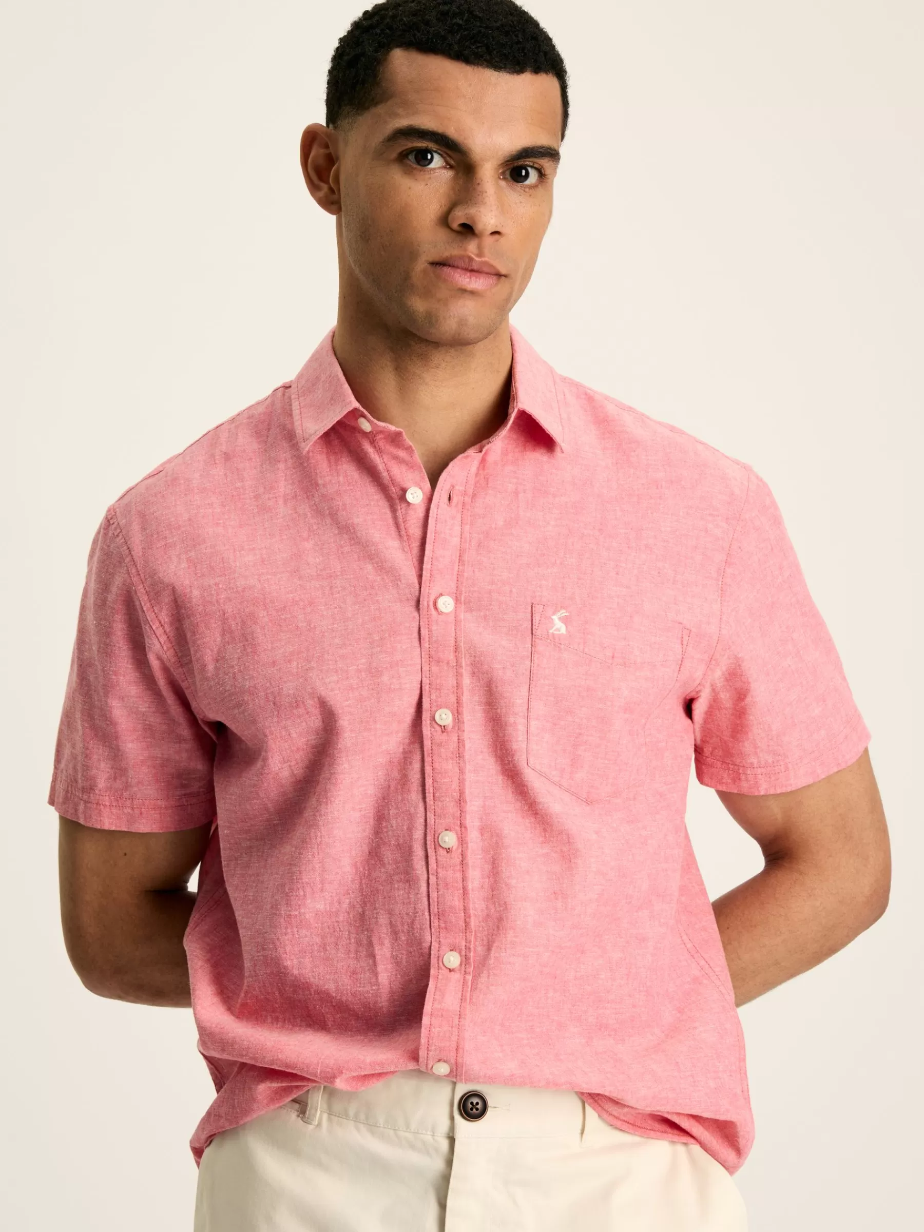 Joules Linen Blend Plain Short Sleeve Shirt Pink Cheap