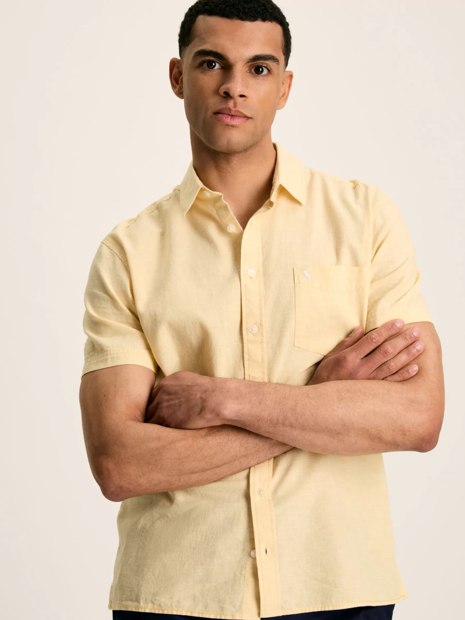 Joules Linen Blend Plain Short Sleeve Shirt Yellow Outlet